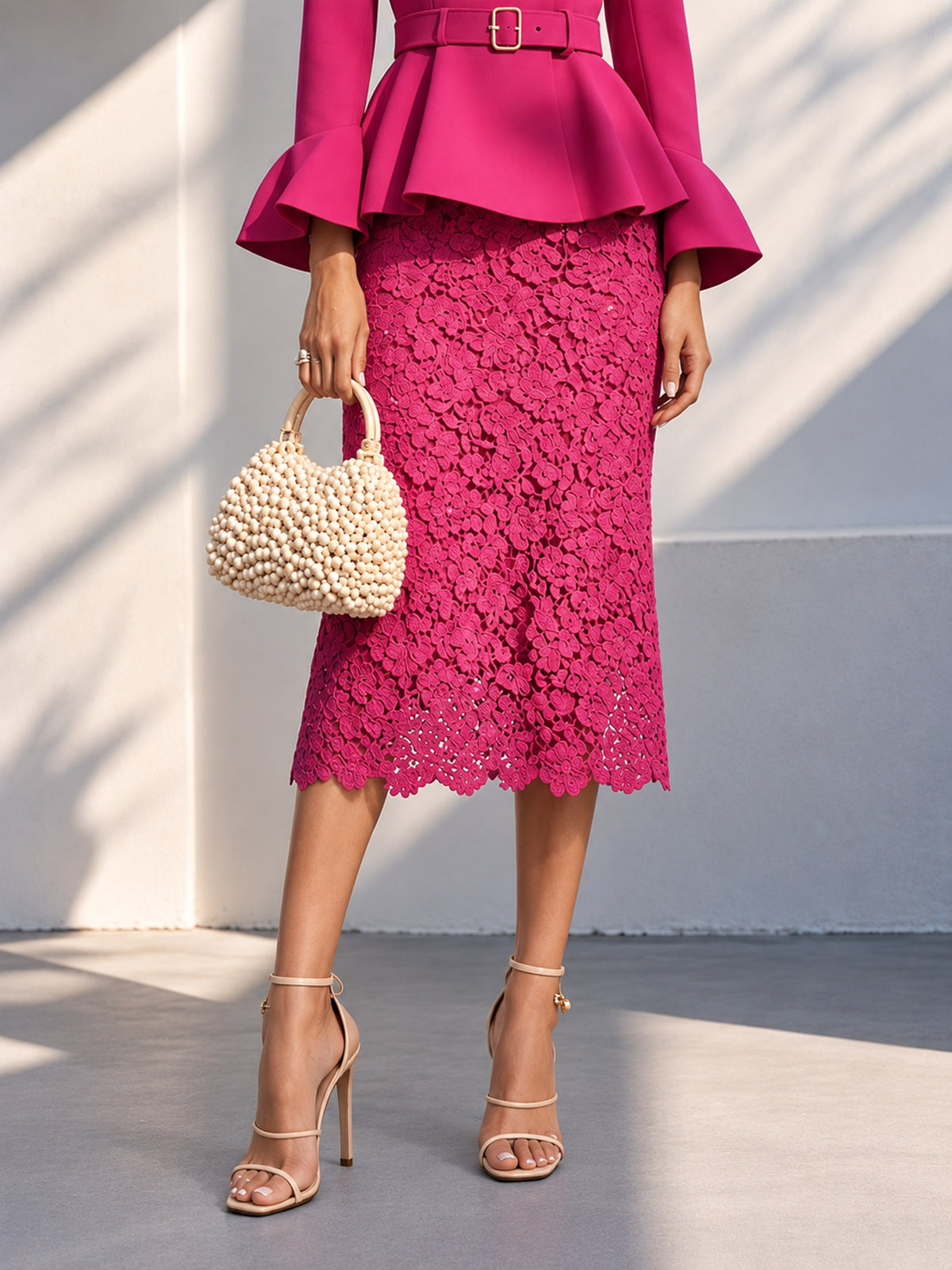 Fuchsia Round Neck Double Breasted Peplum Top & Floral Lace Midi Skirt 2-Piece Suit