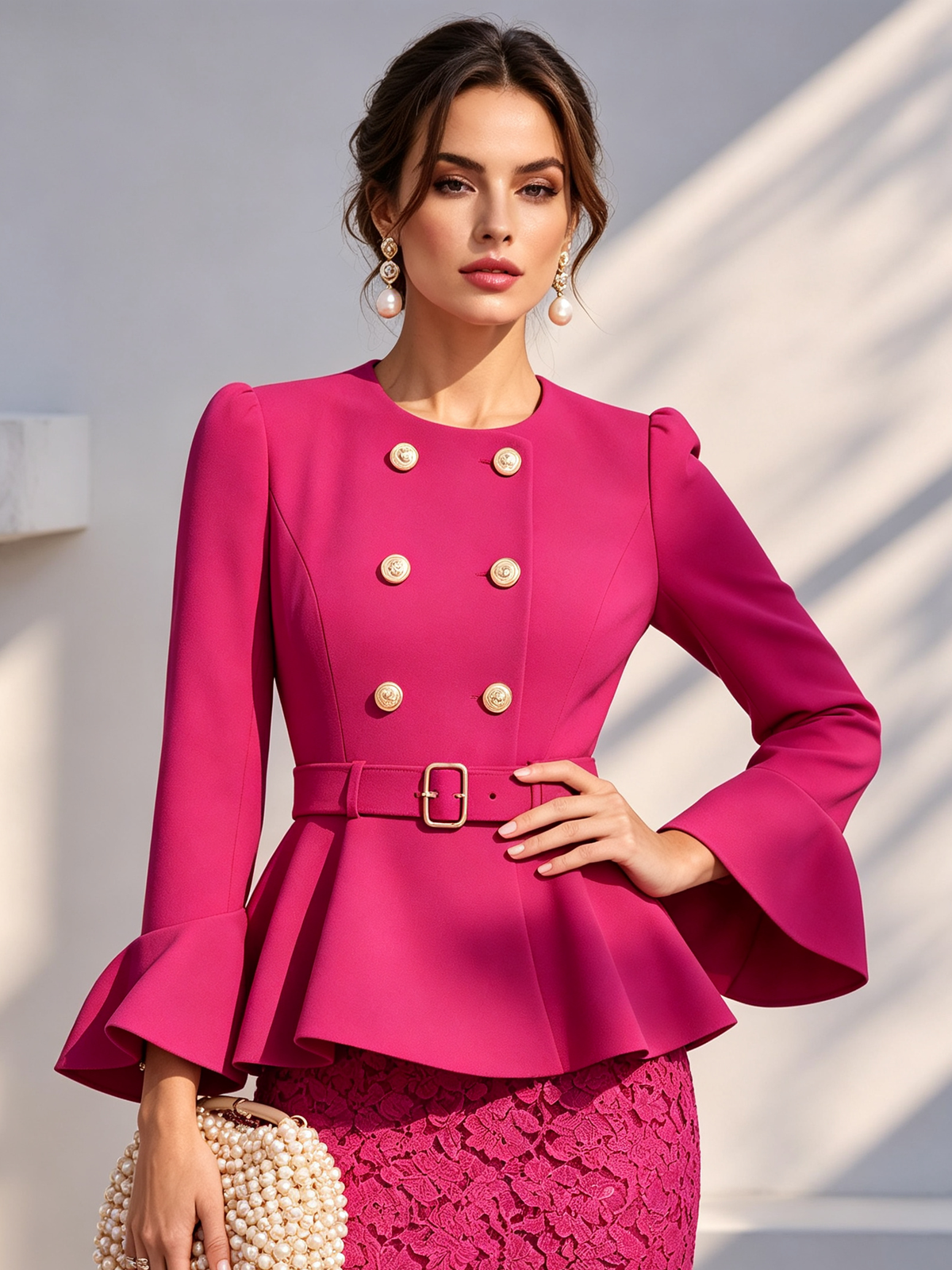 Fuchsia Round Neck Double Breasted Peplum Top & Floral Lace Midi Skirt 2-Piece Suit