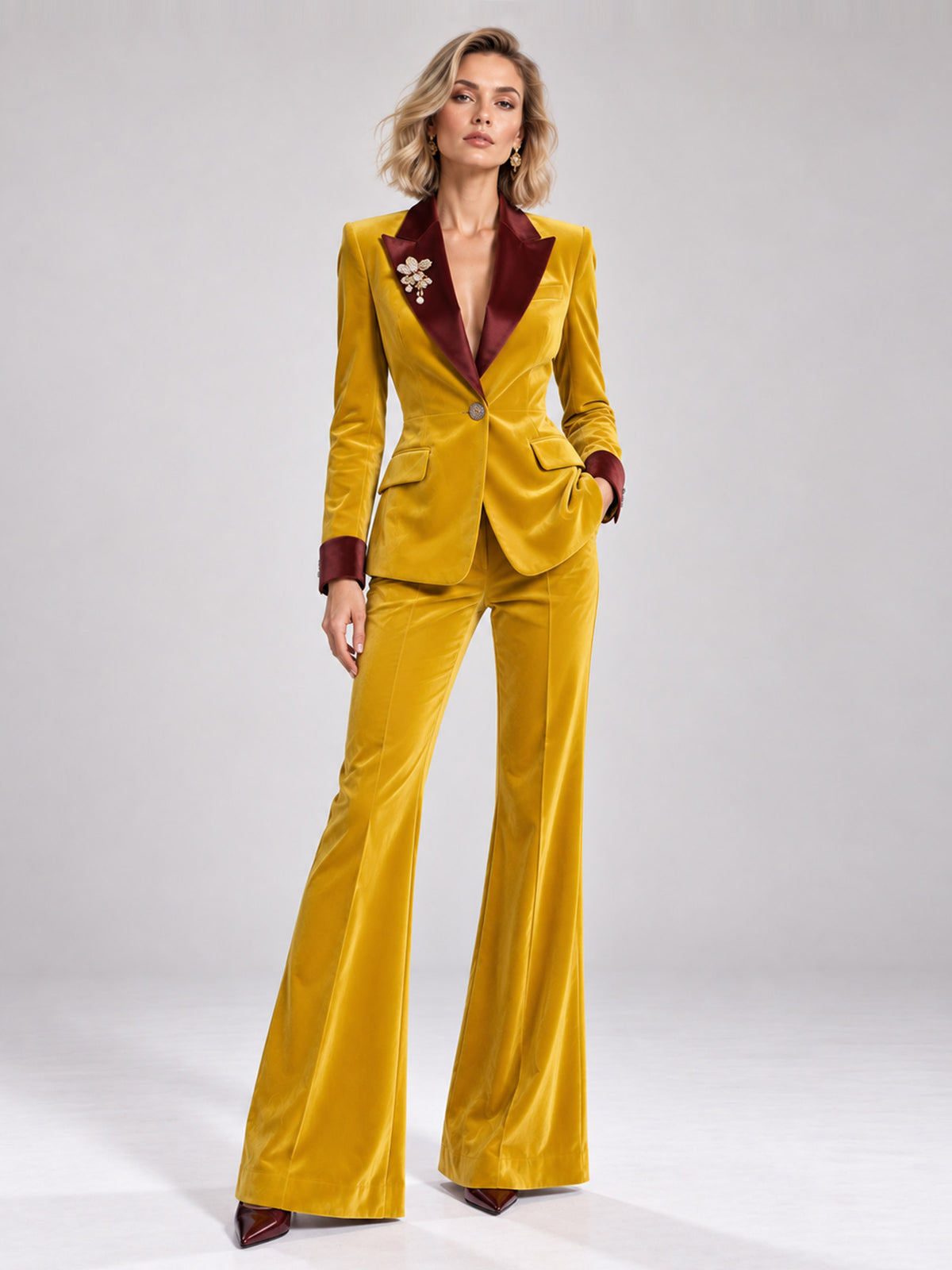Mustard Yellow Single Breasted Blazer With Contrasting Peak Lapels And Flared Pants 2-Piece Suit