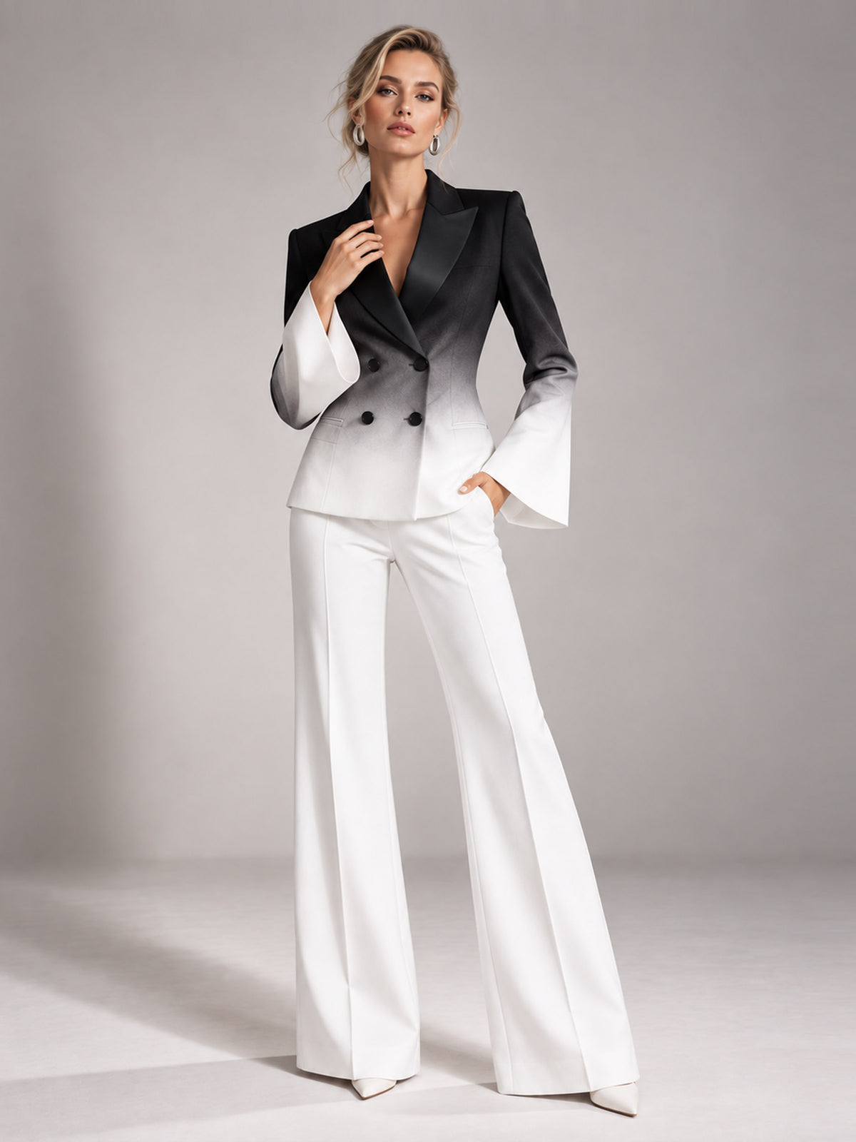 Black And White Gradient Blazer With Peak Lapels And Wide Leg Flared Pants 2-Piece Suit
