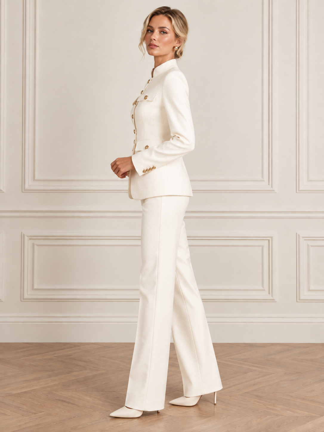 Light Beige Stand Collar Single Breasted Blazer And Wide Leg Pants 2-Piece Suit
