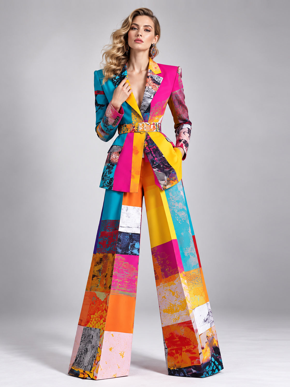 Colorful Single Breasted Blazer With Notch Lapels And Wide Leg Pants 2-Piece Suit
