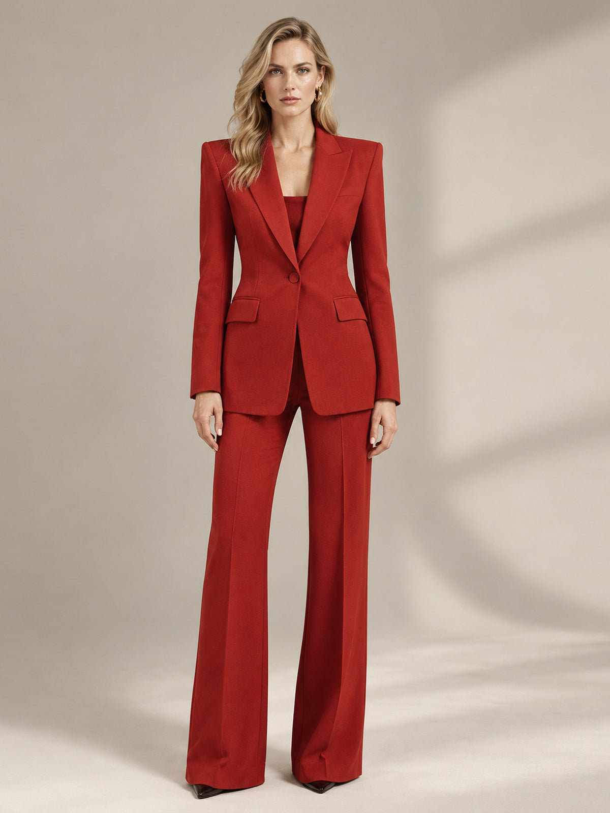 Red Peak Lapel Single Breasted Blazer Paired With Wide Leg Pants 2-Piece Suit