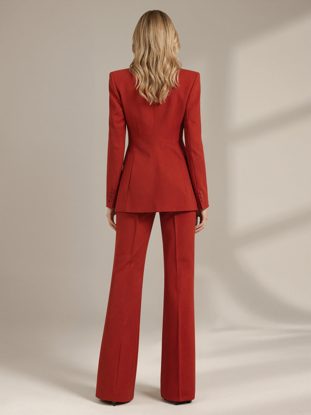 Red Peak Lapel Single Breasted Blazer Paired With Wide Leg Pants 2-Piece Suit