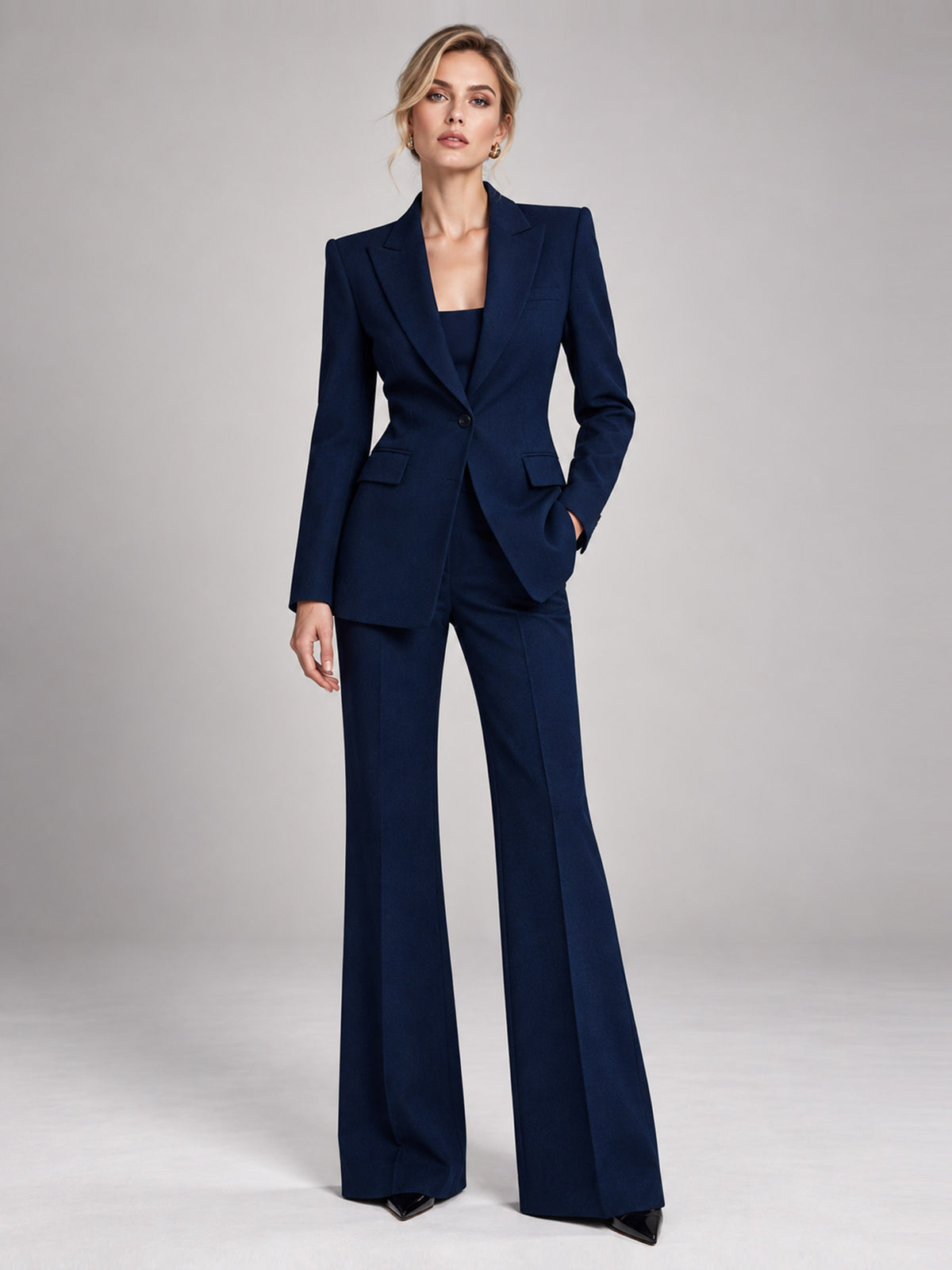 Dark Blue Single Breasted Blazer With Peak Lapels And Slightly Flared Pants 2-Piece Suit