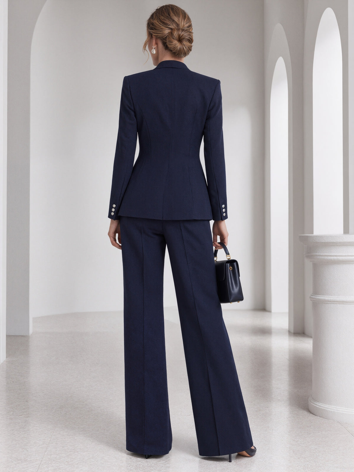 Dark Blue Stand Collar Blazer And Wide Leg Flared Pants 2-Piece Suit