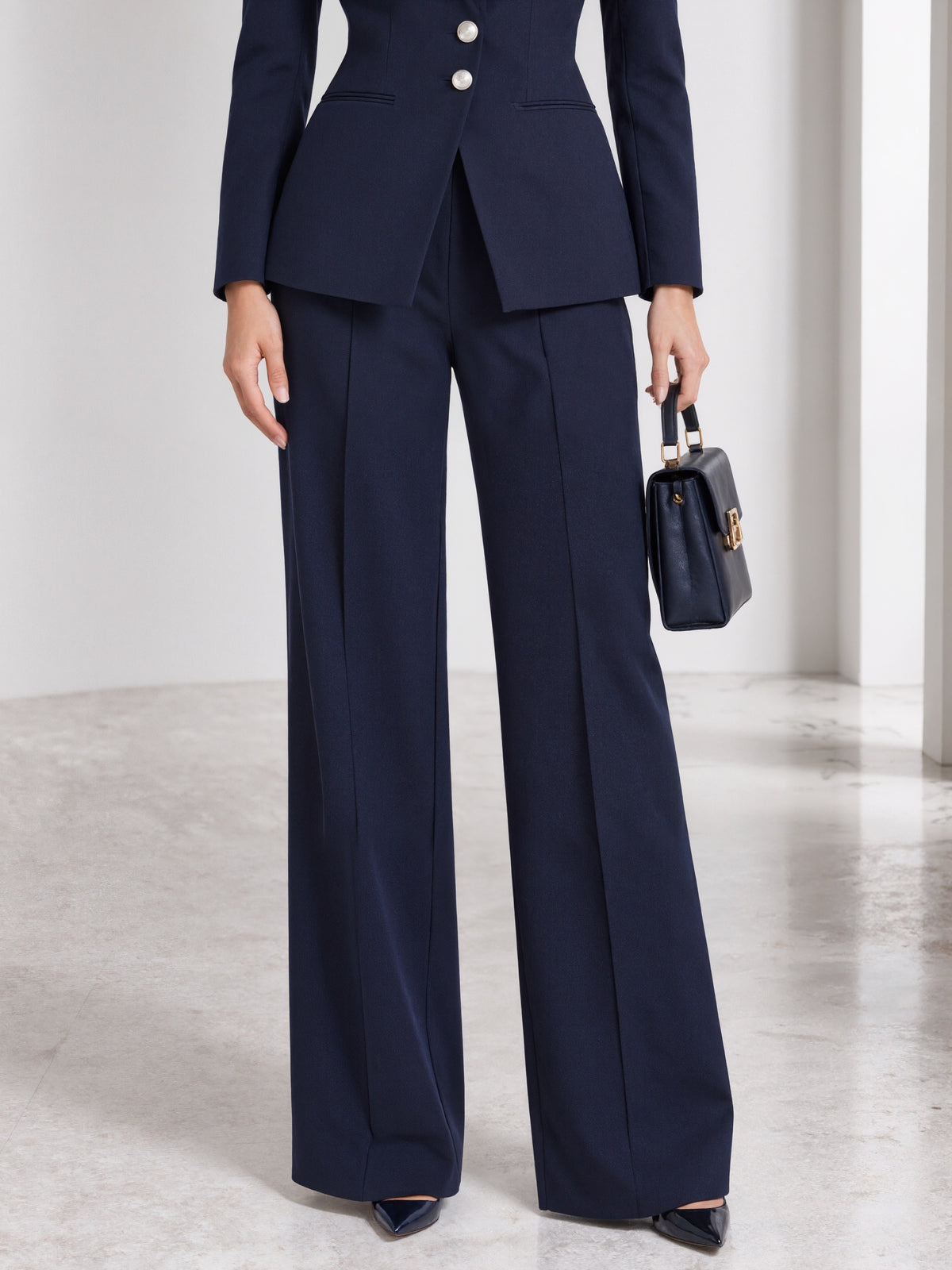 Dark Blue Stand Collar Blazer And Wide Leg Flared Pants 2-Piece Suit
