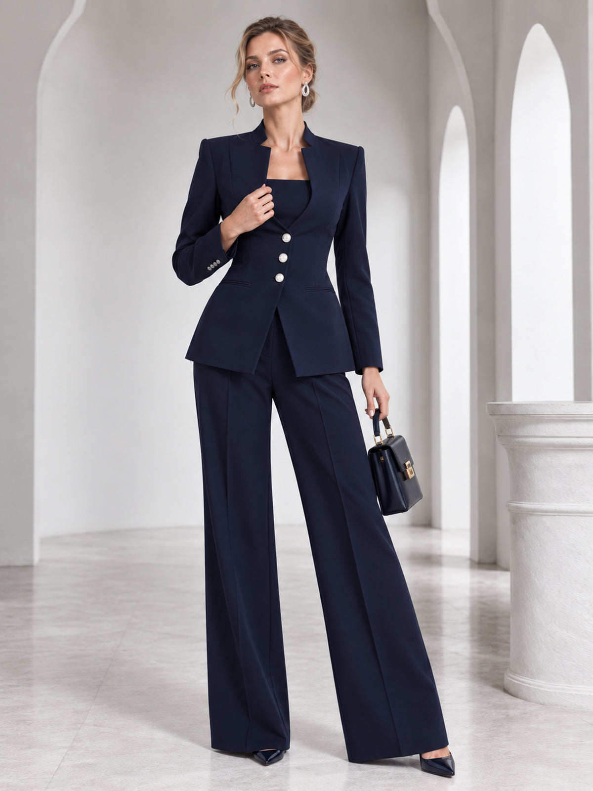 Dark Blue Stand Collar Blazer And Wide Leg Flared Pants 2-Piece Suit