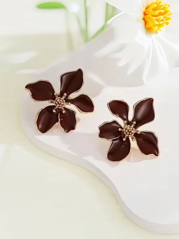 Gold Trim Enamel Flower Stud Earrings