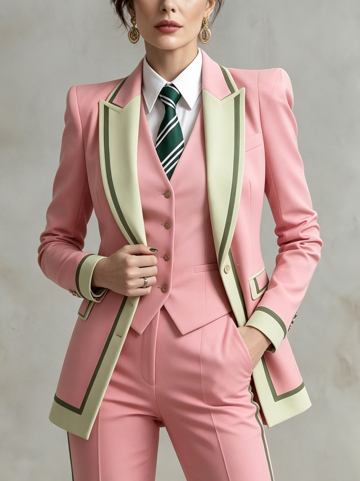 Pink Peak Lapel Blazer With Green Contrast Trim Paired With Flared Trousers 2-Piece Suit
