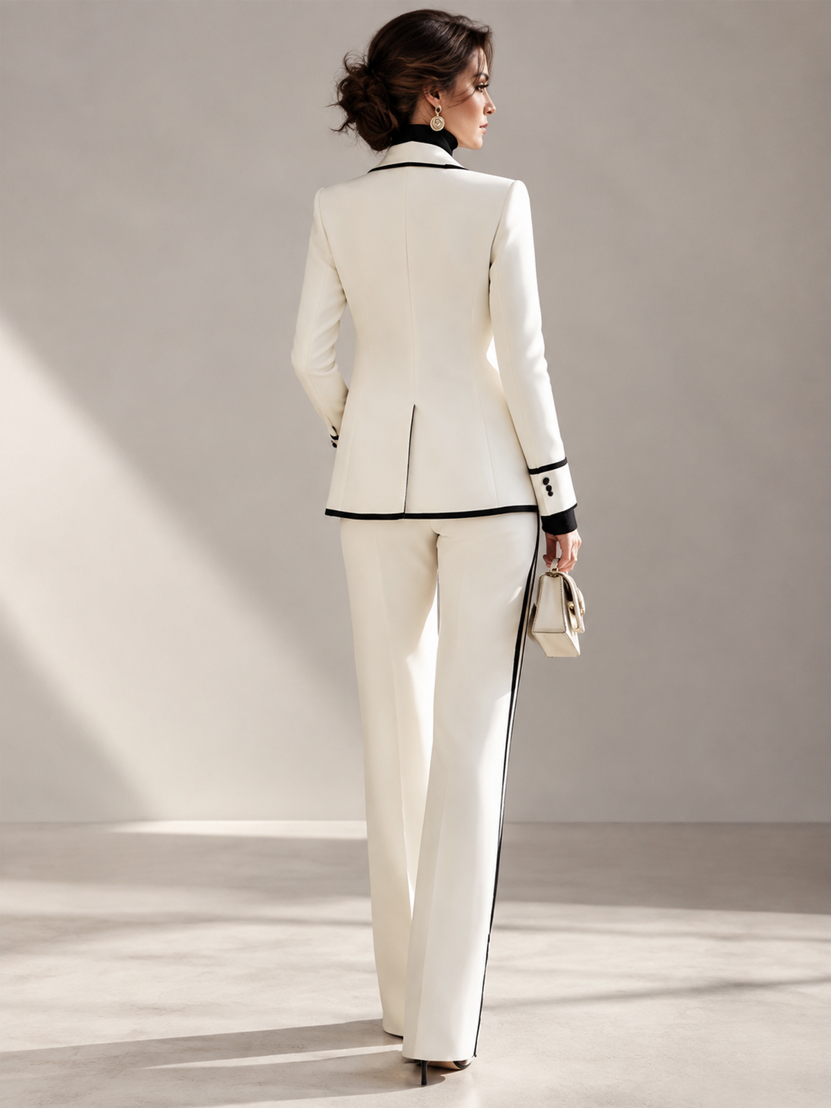 White Black Piping Peak Lapel Blazer And Wide Leg Pants 2-Piece Suit