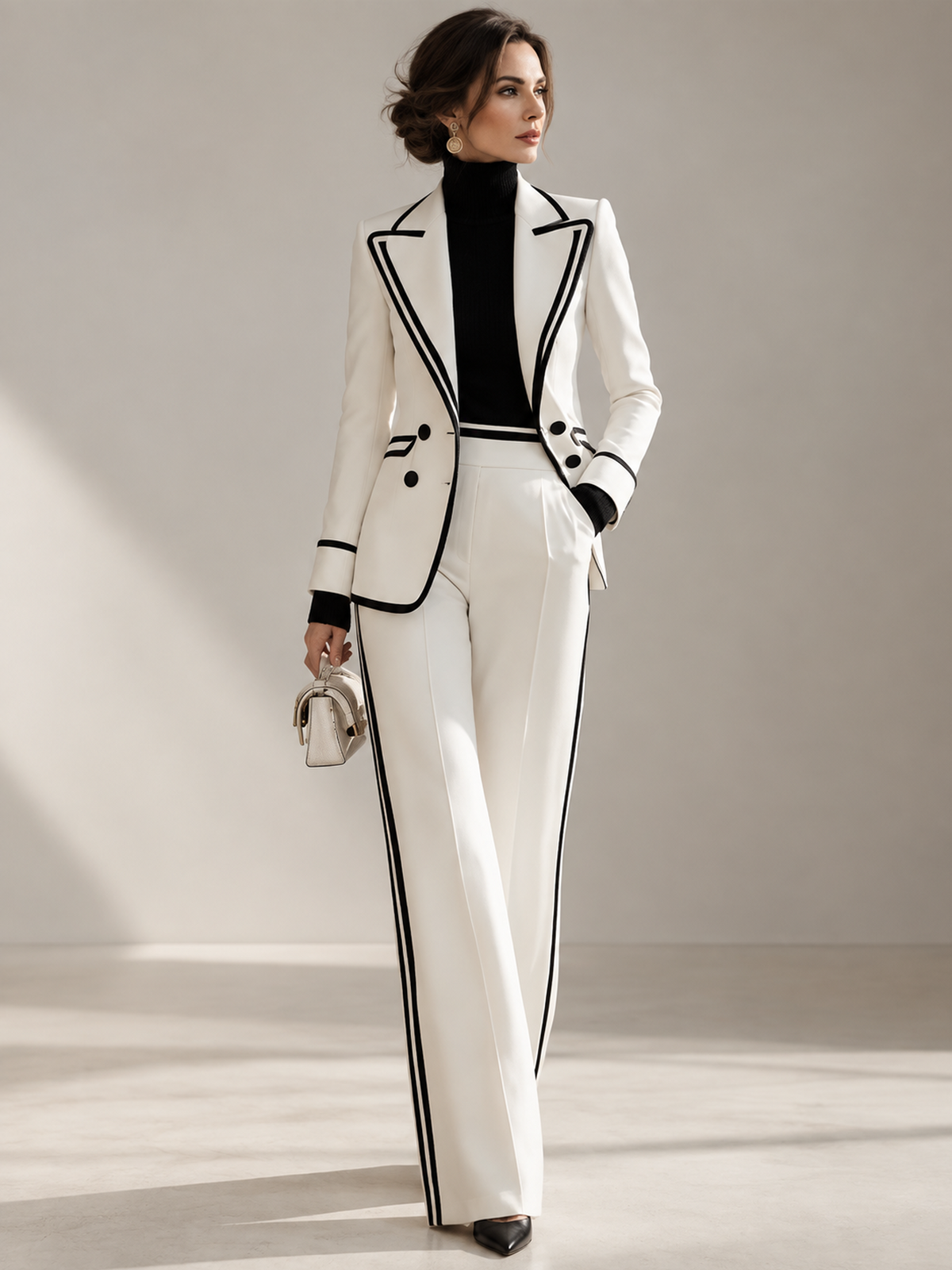 White Black Piping Peak Lapel Blazer And Wide Leg Pants 2-Piece Suit