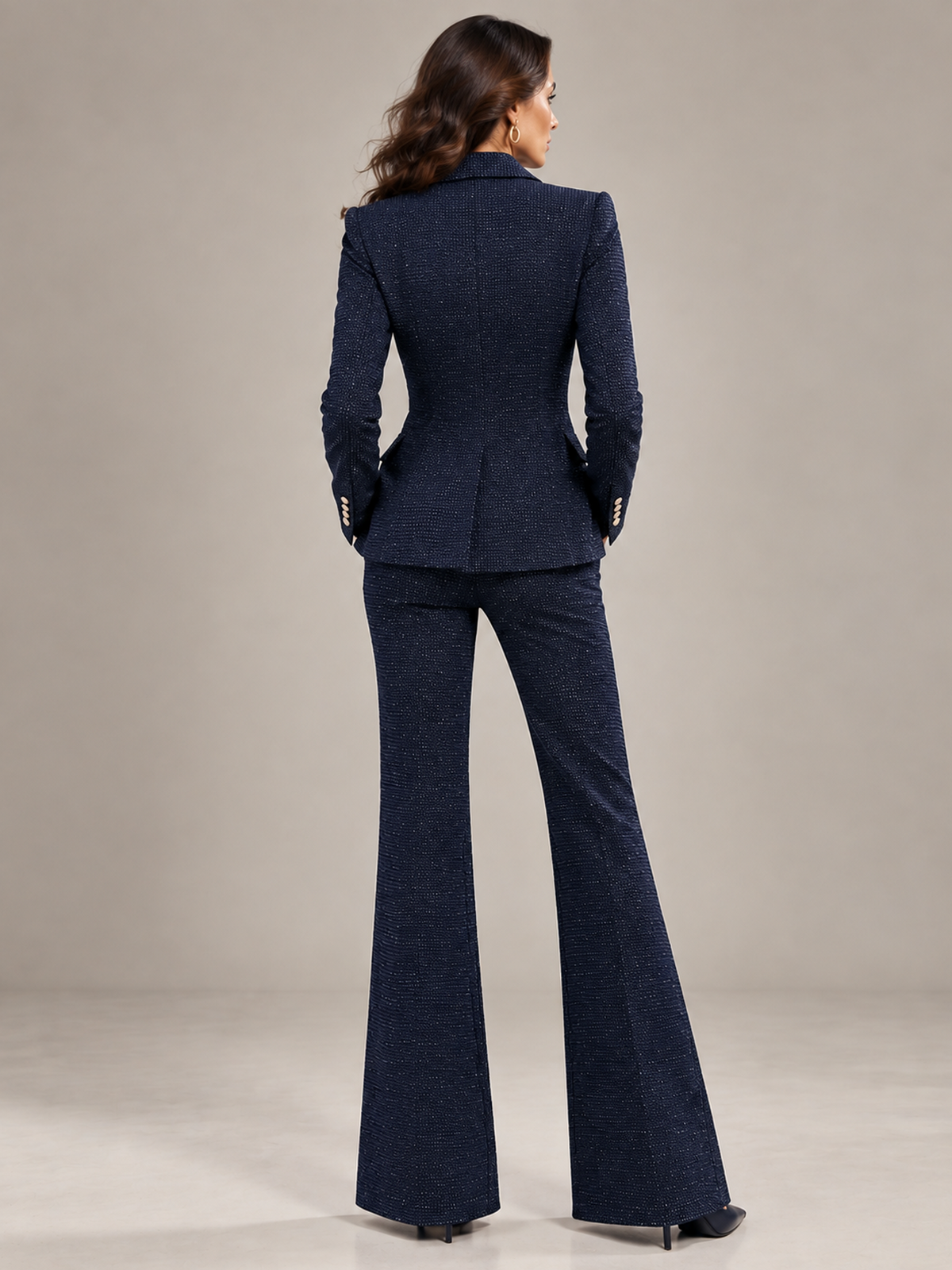 Navy Tweed Double Breasted Flared Pants 2-Piece Suit