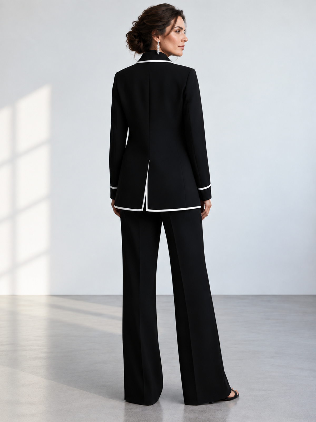 Black White Contrast Piping Blazer And Wide Leg Pants 2-Piece Suit