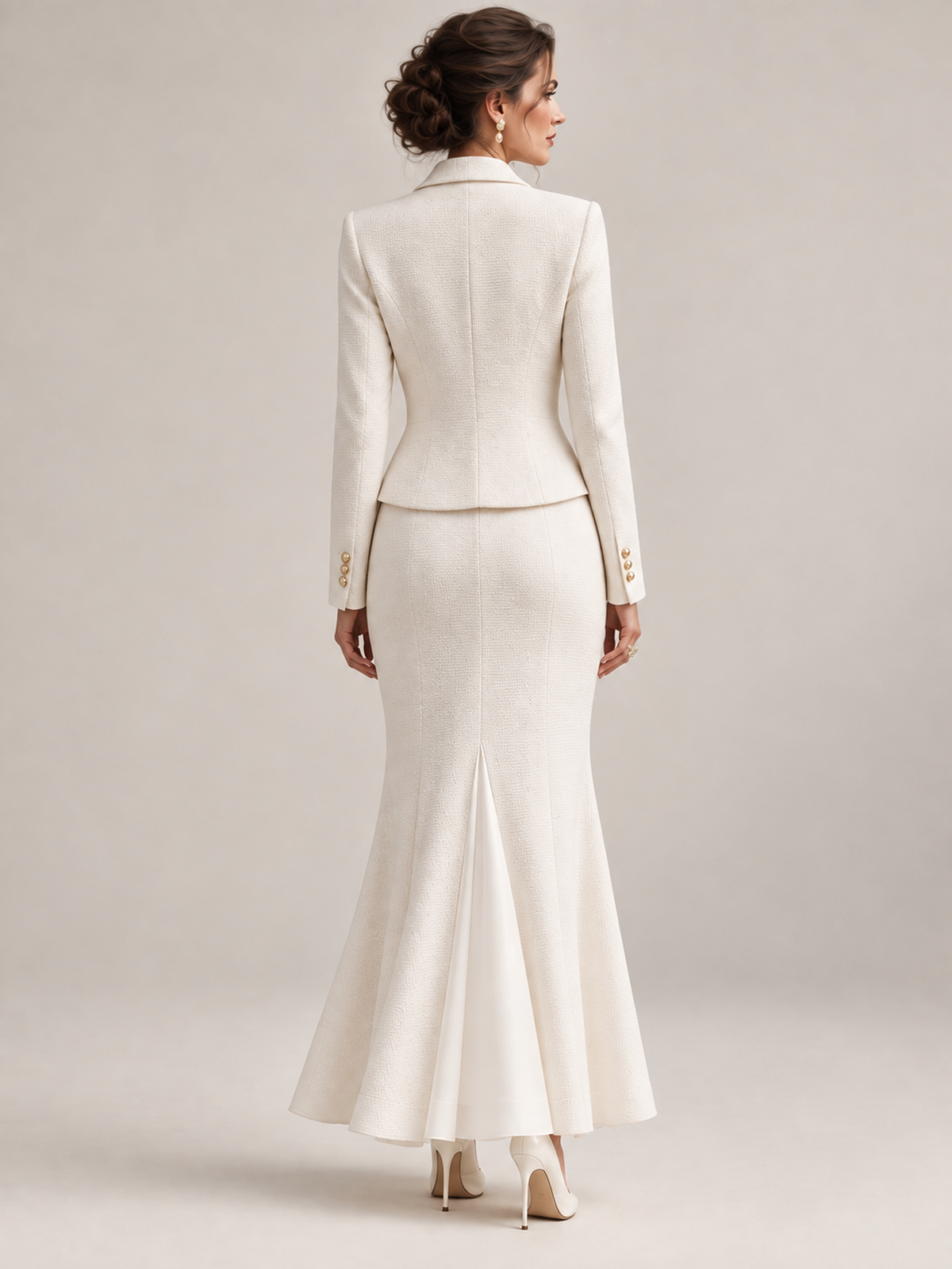 Cream Tailored Blazer And Asymmetrical Layered Midi Skirt 2-Piece Suit