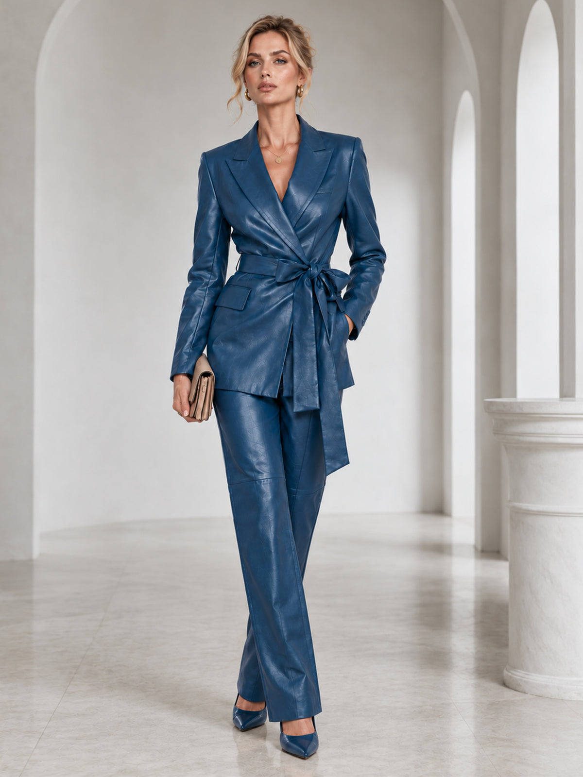 Lake Blue Belted Blazer With Peak Lapels And Pants 2-Piece Suit