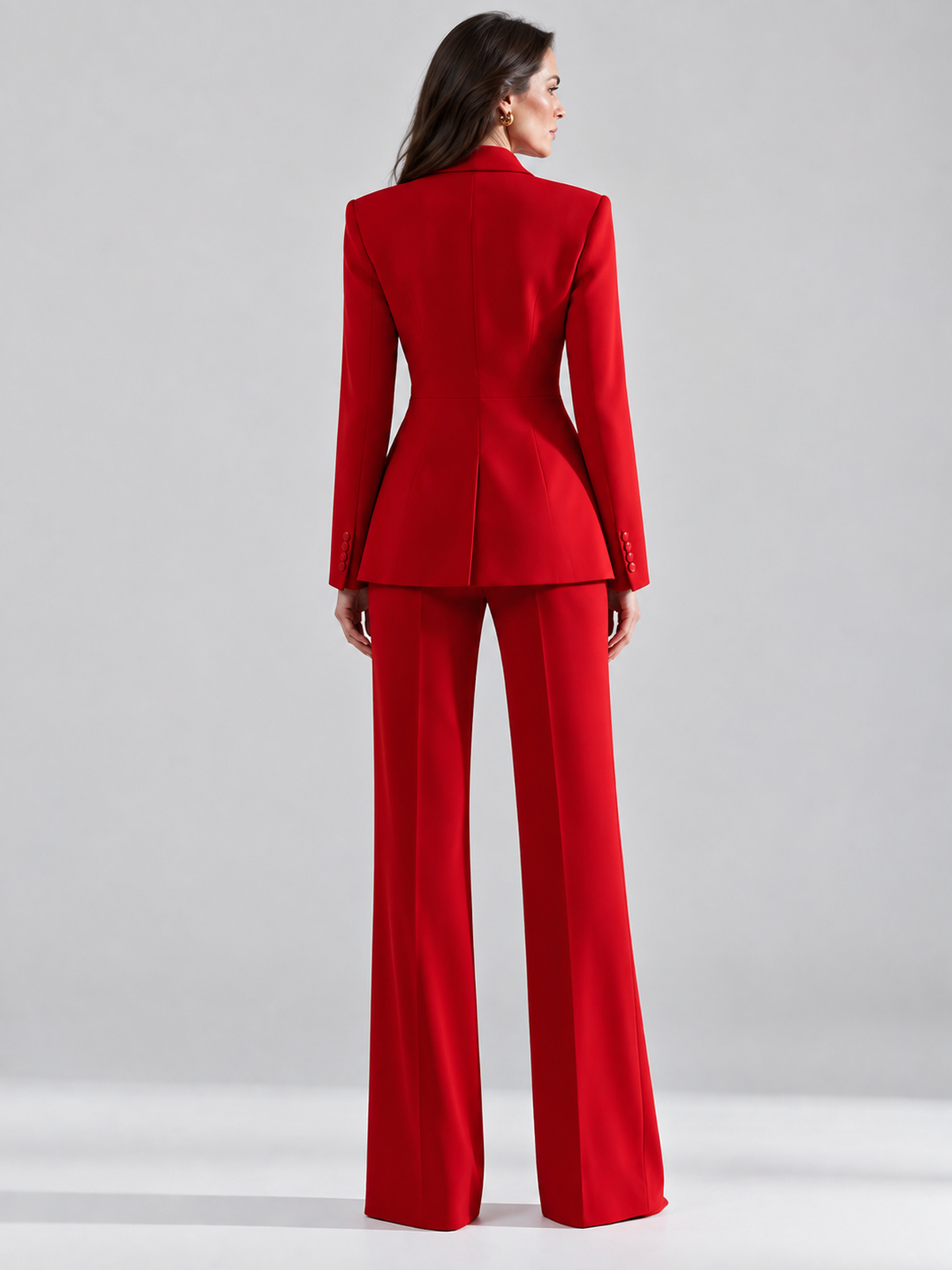 Red Tailored Two-Piece Suit with 3D Rose Brooch And Flared Pants 2-Piece Suit