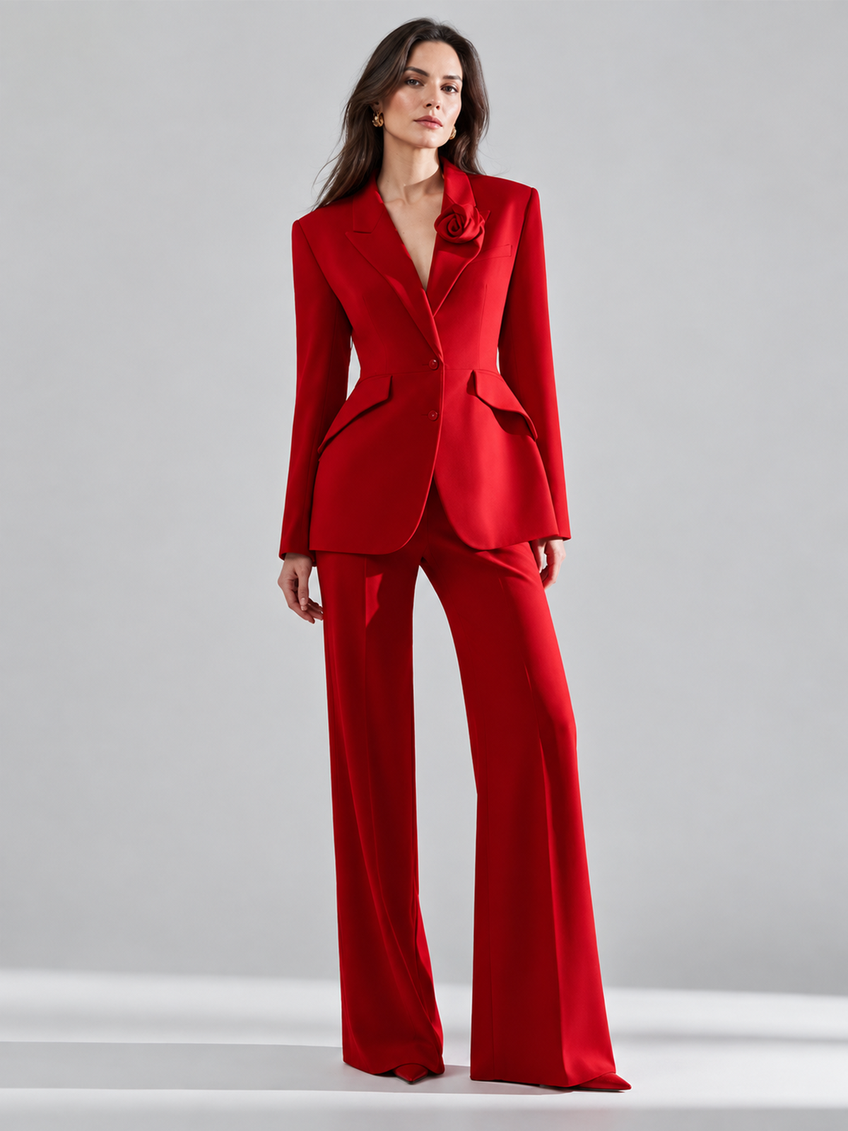 Red Tailored Two-Piece Suit with 3D Rose Brooch And Flared Pants 2-Piece Suit