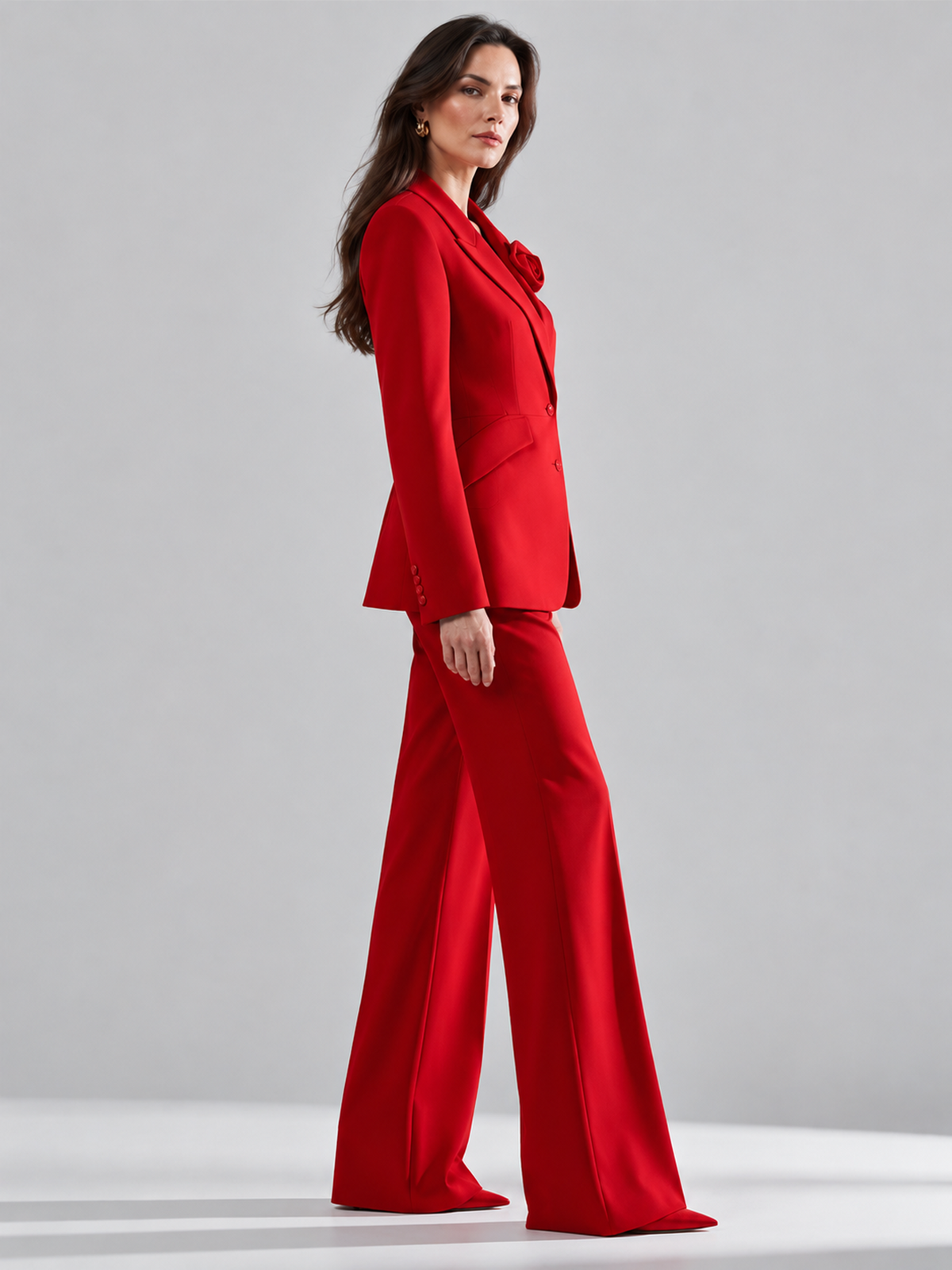 Red Tailored Two-Piece Suit with 3D Rose Brooch And Flared Pants 2-Piece Suit