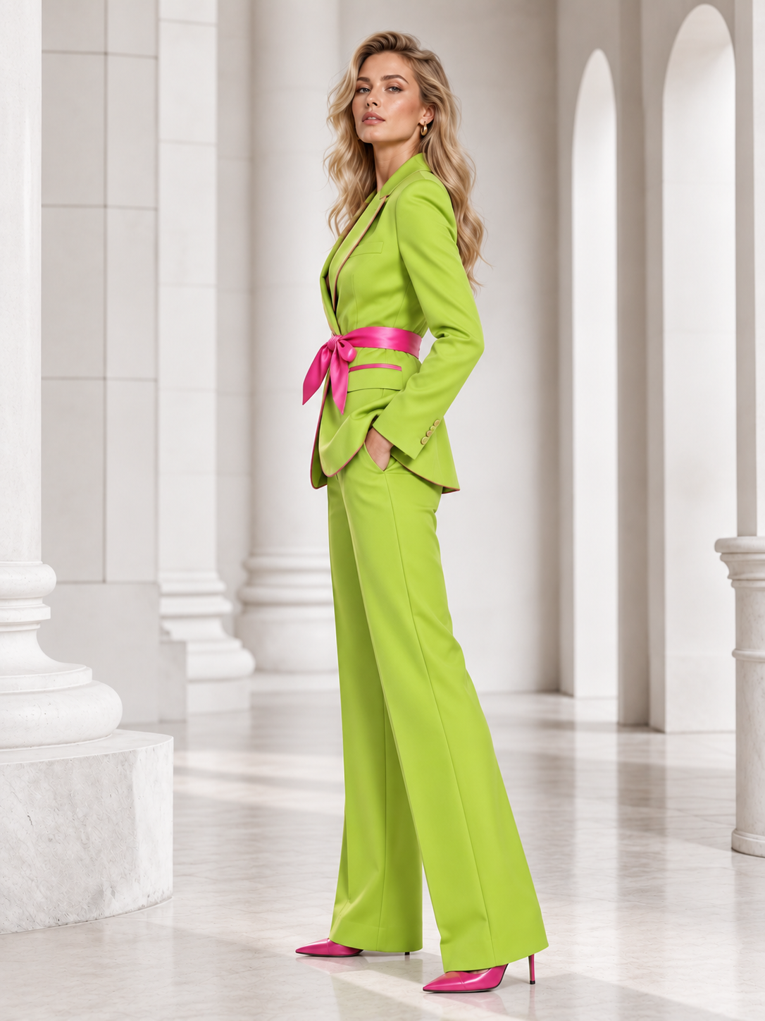 Yellow Green Belted Blazer With Peak Lapels And Wide Leg Flared Pants 2-Piece Suit