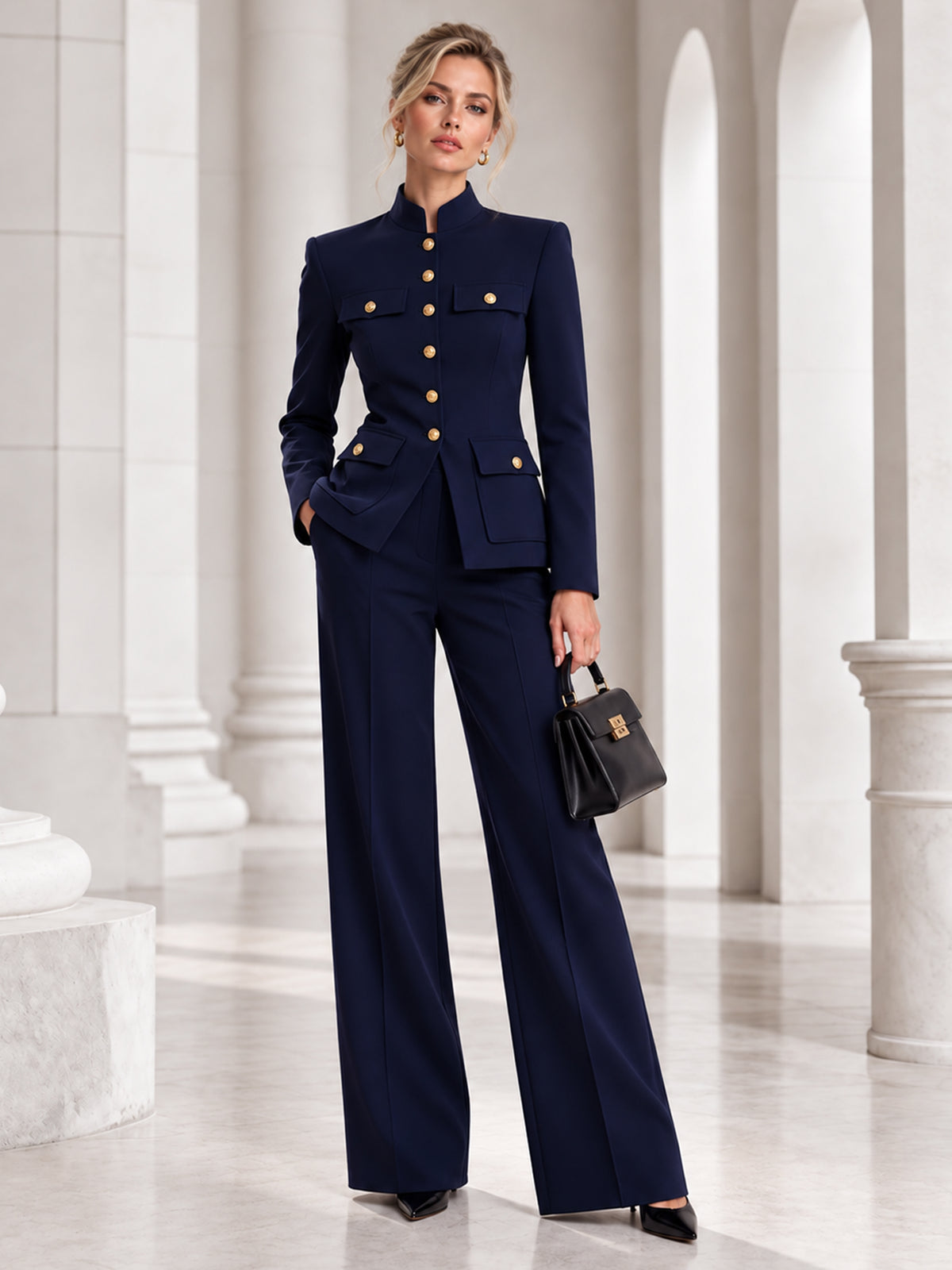 Dark Blue Stand Collar Blazer Paired With Wide Leg Flared Pants 2-Piece Suit