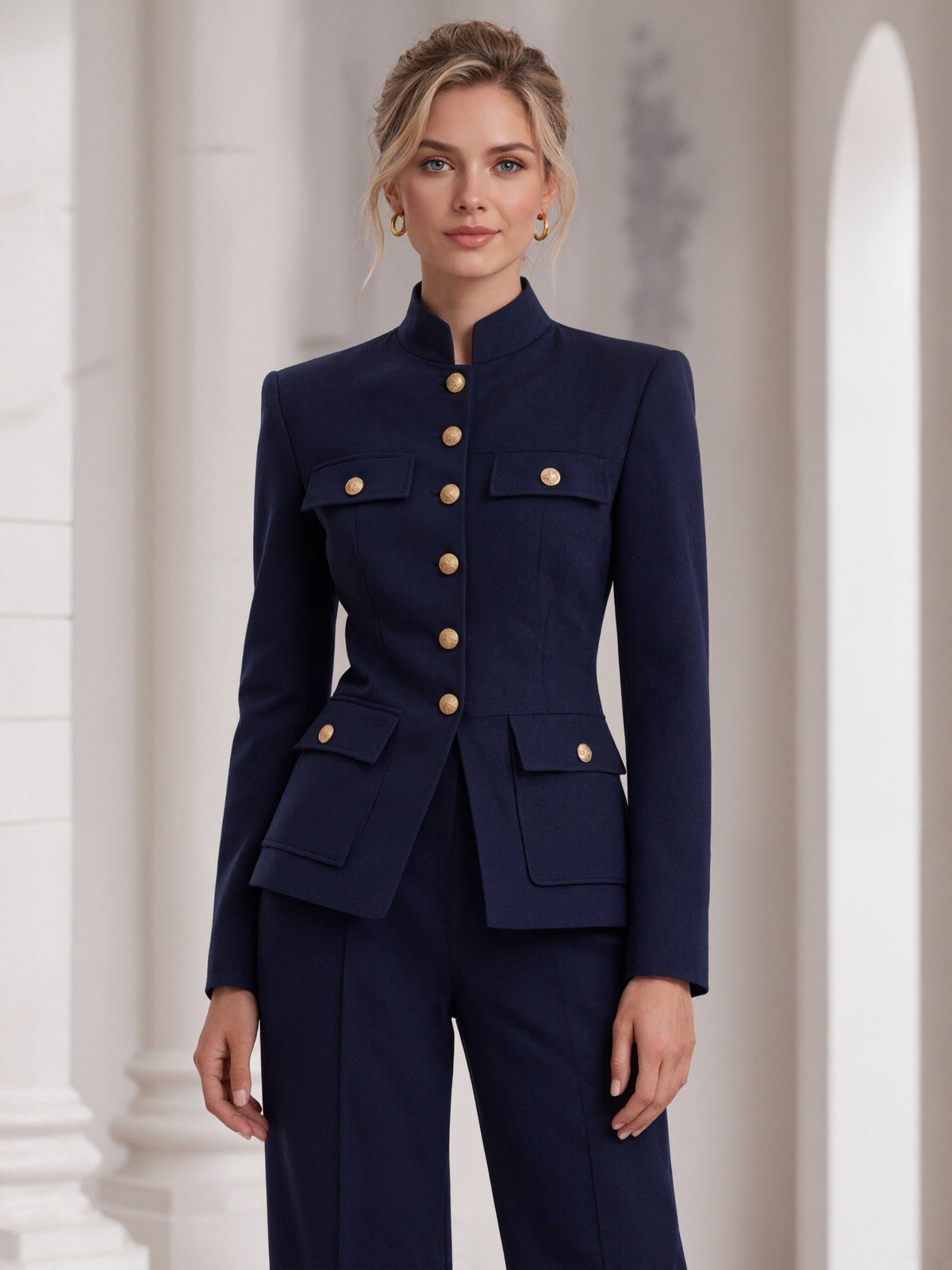 Dark Blue Stand Collar Blazer Paired With Wide Leg Flared Pants 2-Piece Suit