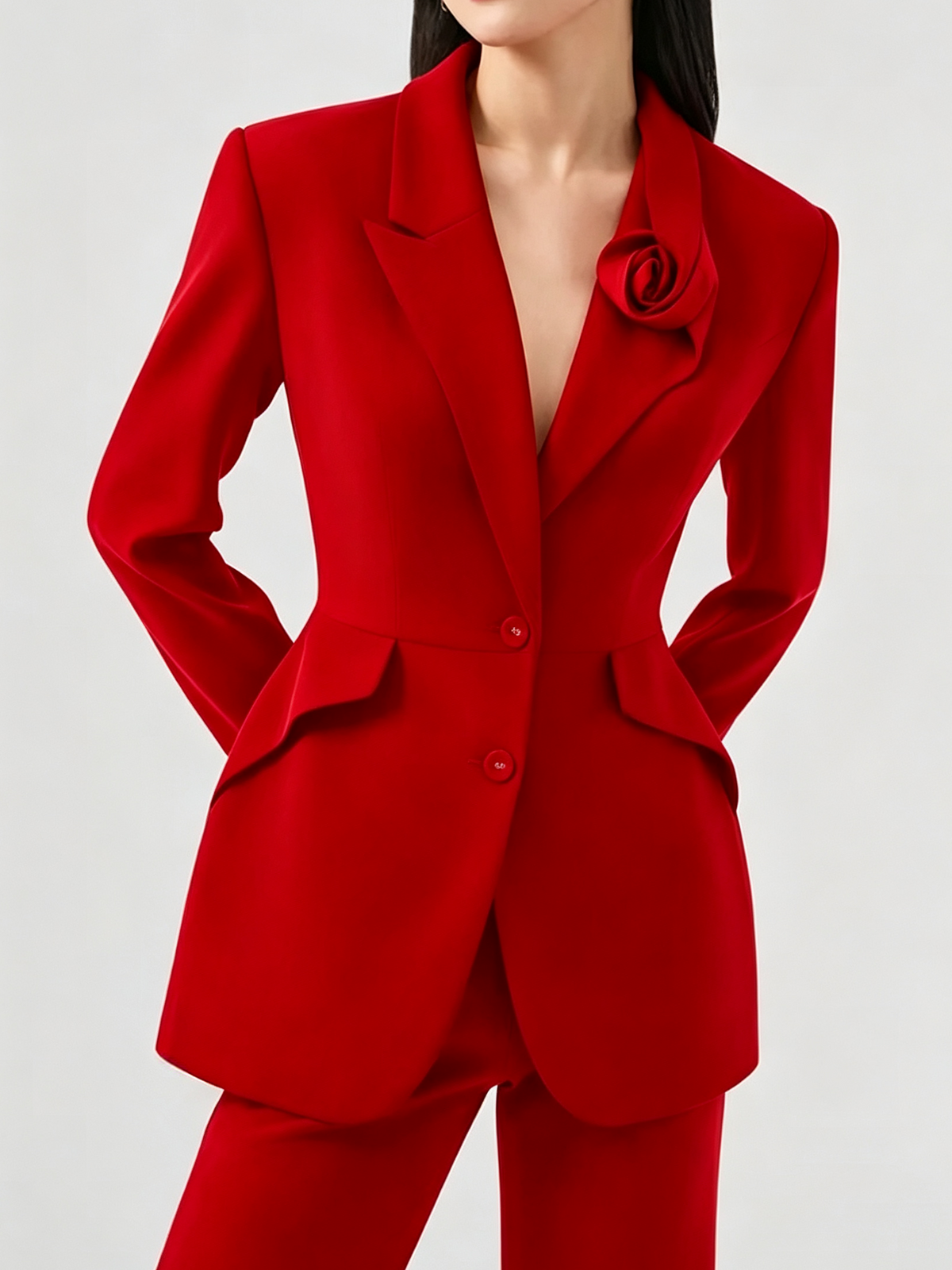 Red Tailored Two-Piece Suit with 3D Rose Brooch And Flared Pants 2-Piece Suit