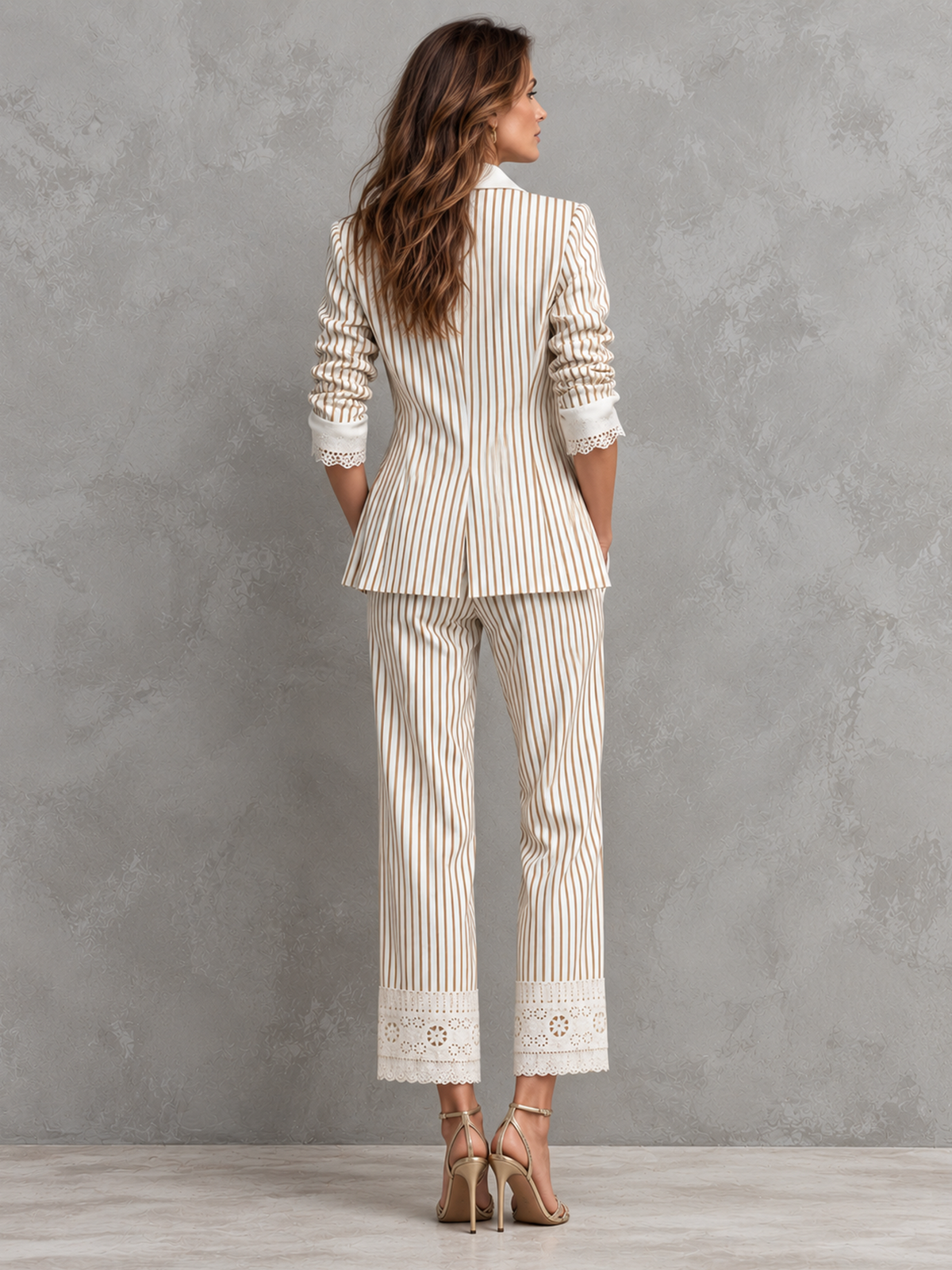 Beige White Vertical Striped With Lace Trim Blazer And Eyelet Cropped Pants 2-Piece Suit