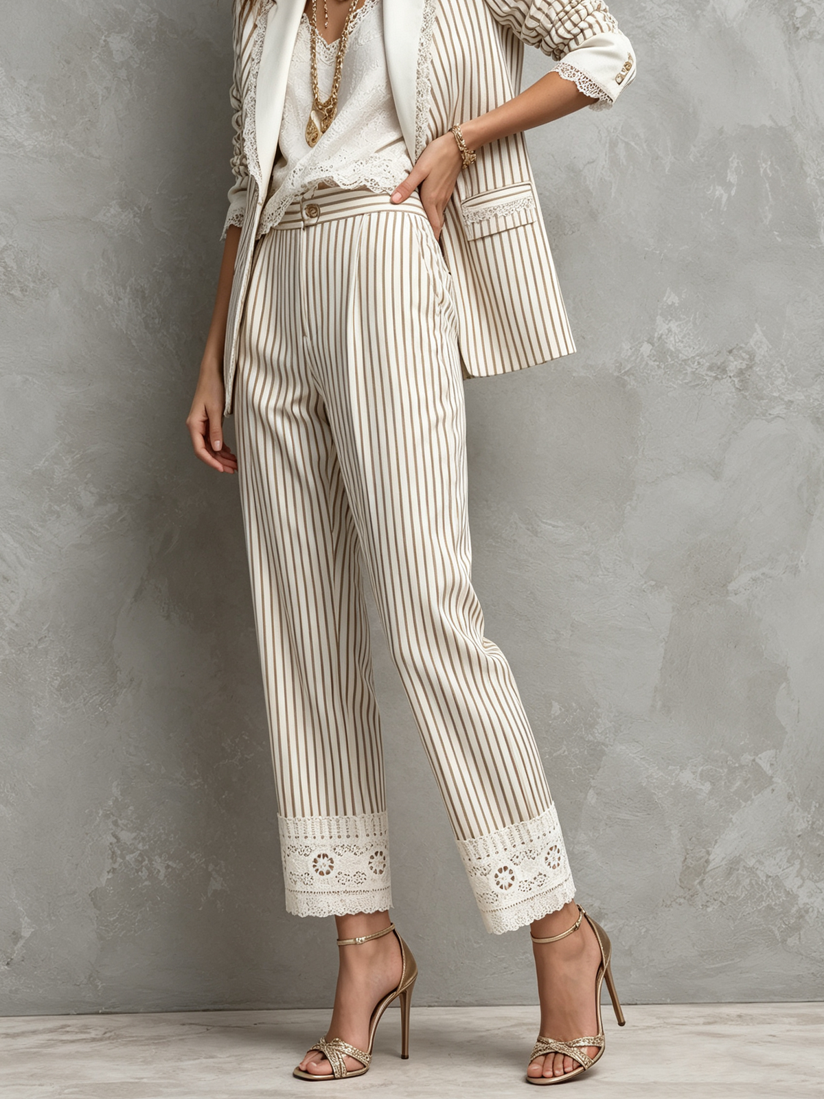 Beige White Vertical Striped With Lace Trim Blazer And Eyelet Cropped Pants 2-Piece Suit
