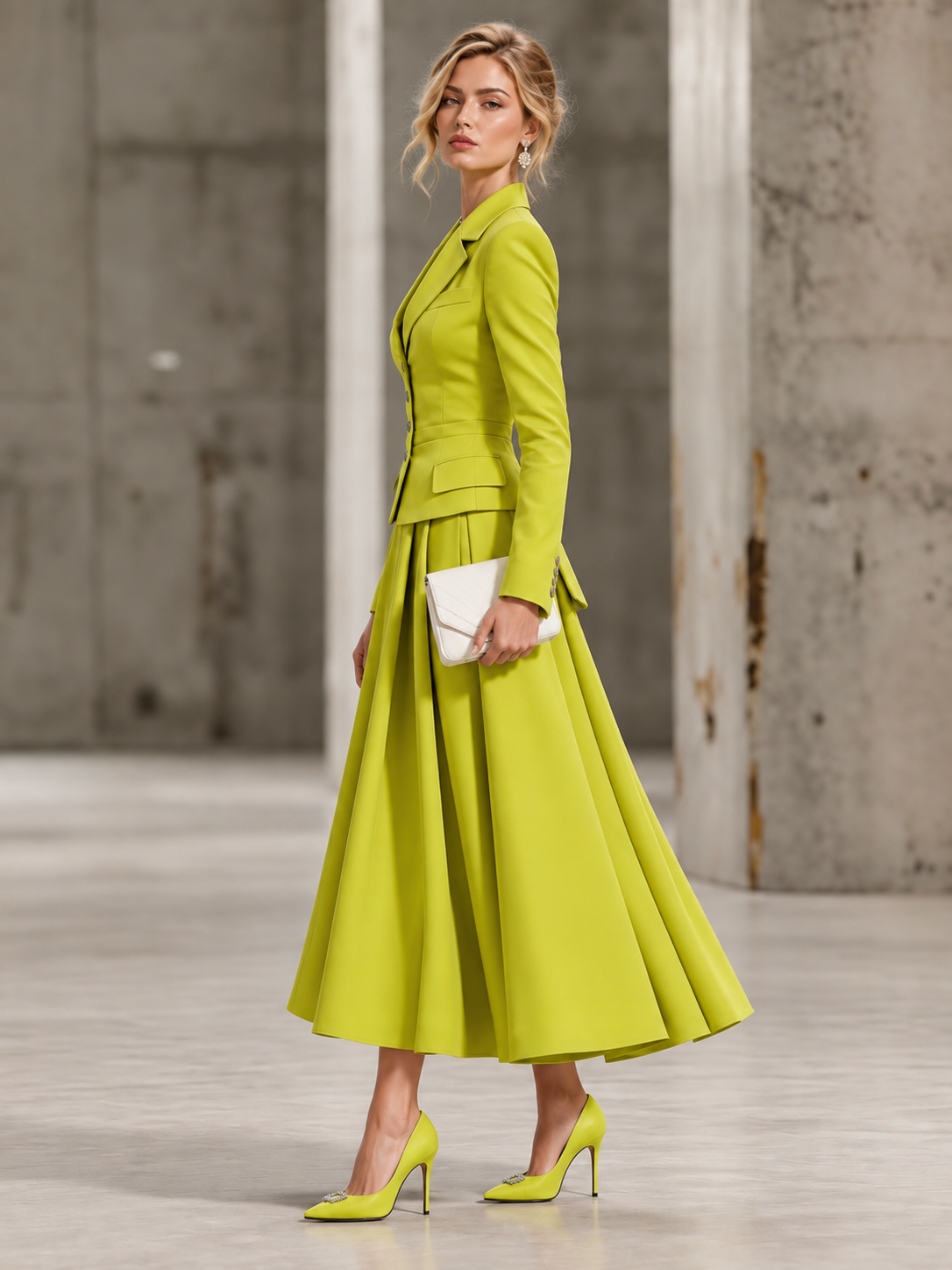 Yellow Green Blazer With Peak Lapels Paired With A Full Skirt 2-Piece Suit