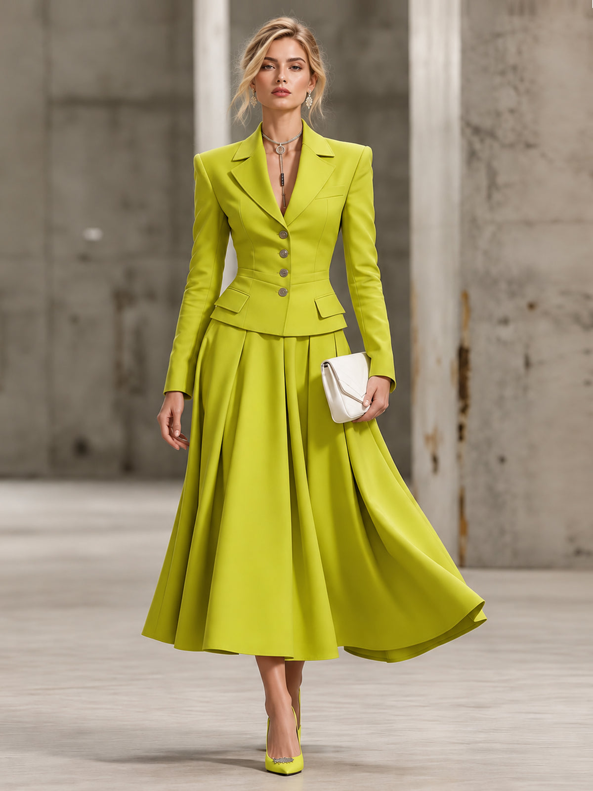 Yellow Green Blazer With Peak Lapels Paired With A Full Skirt 2-Piece Suit