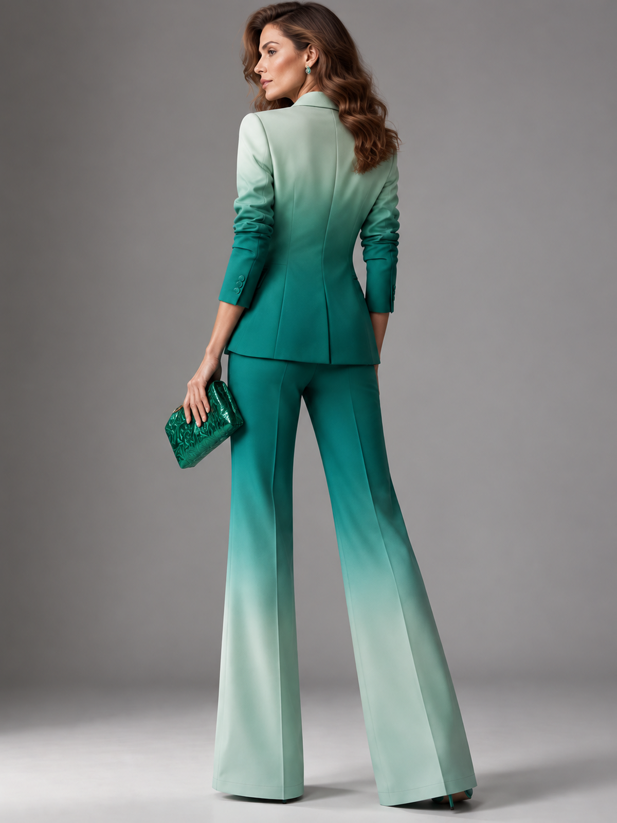 Gradient Green Ombre Peak Lapel Blazer And Flared Pants 2-Piece Suit