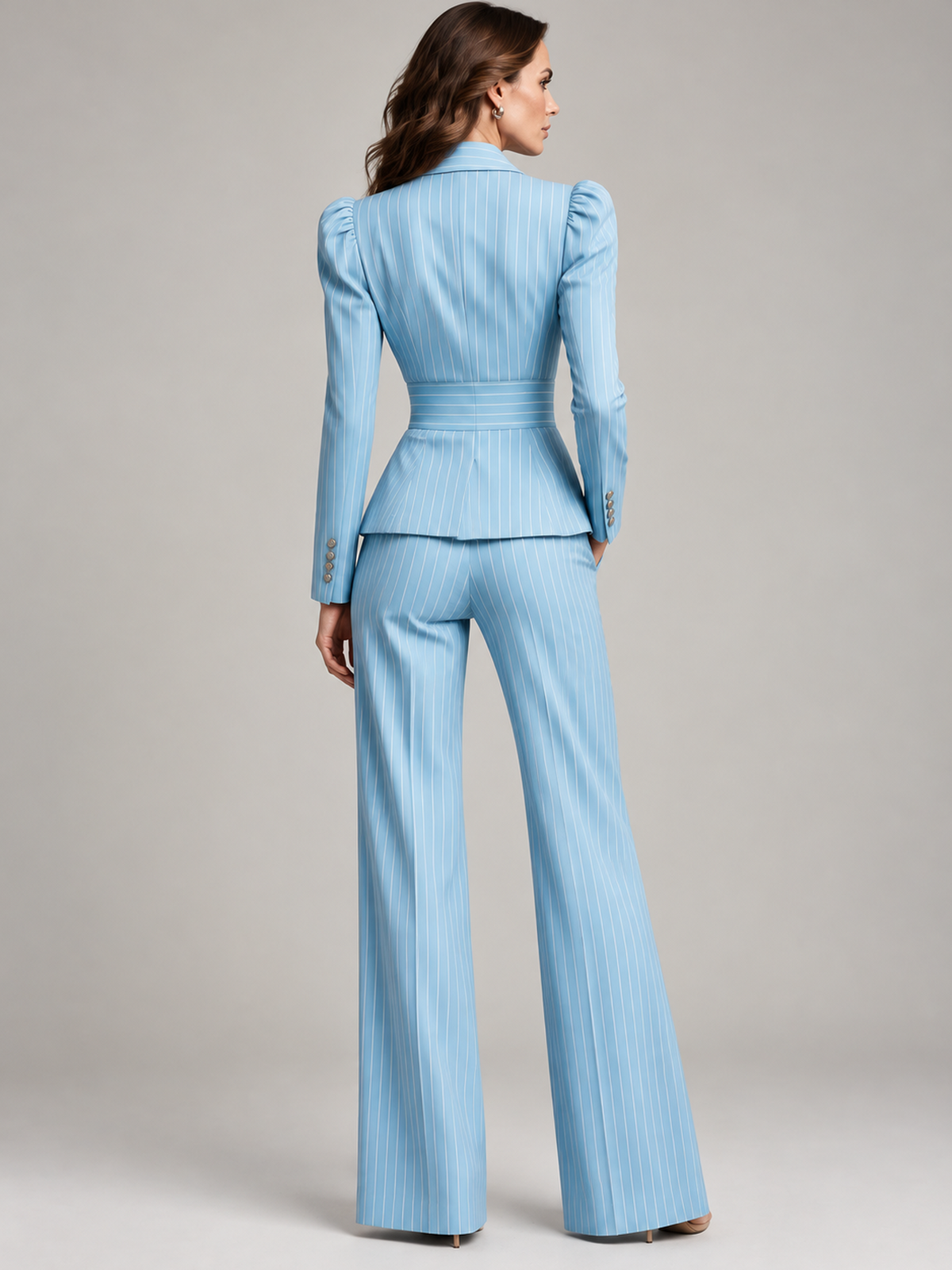 Light Blue Pinstripe Puff Sleeve Peak Lapel Blazer And High Waist Wide Leg Pants 2-Piece Suit