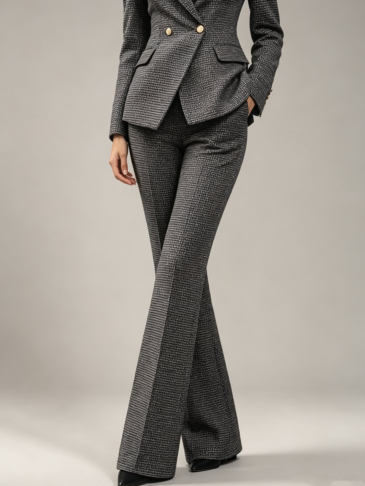 Grey Speckled Tweed Double Breasted Peak Lapel Blazer And High Waist Flared Pants 2-Piece Suit