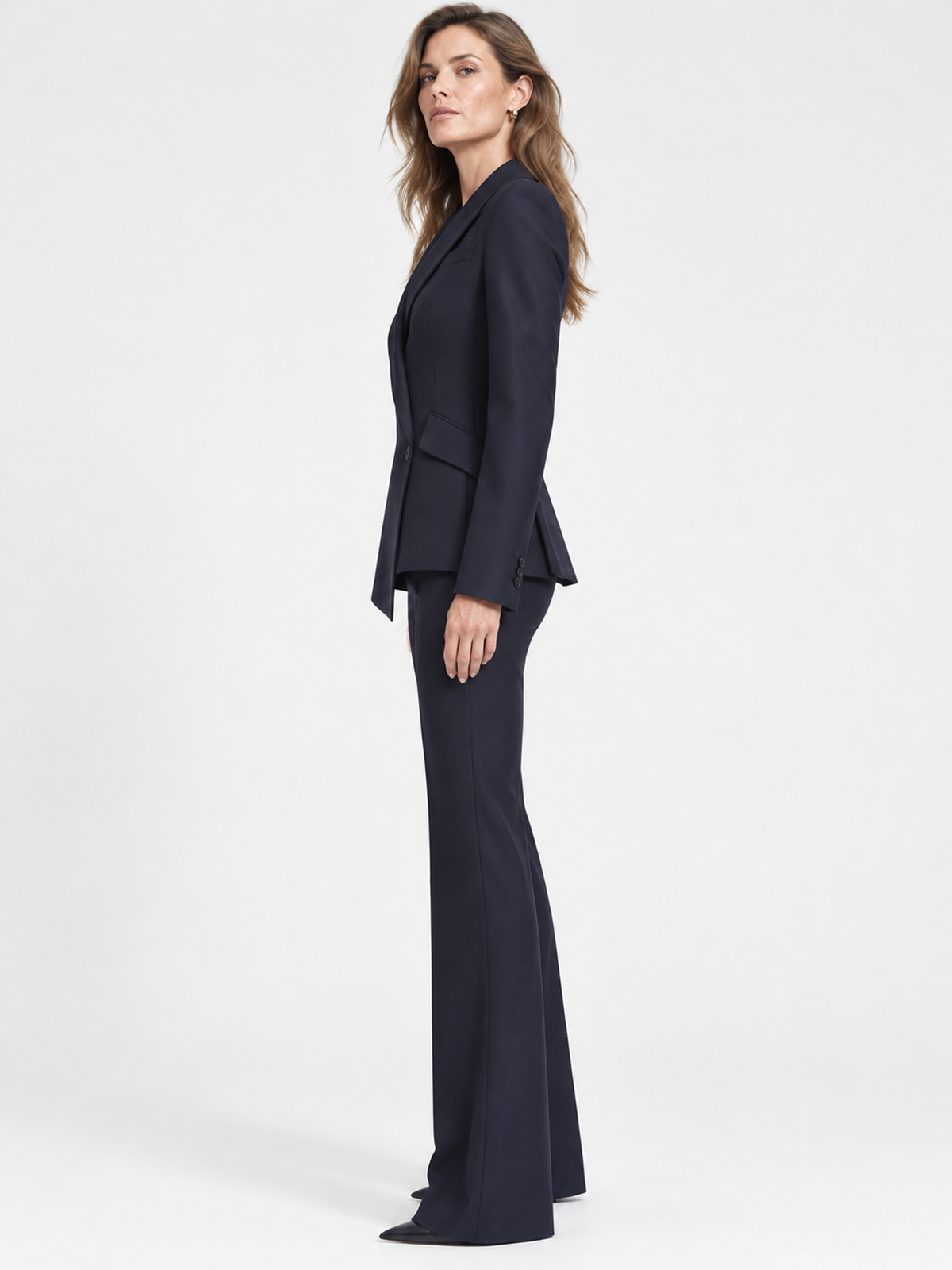 Navy Asymmetric Peak Lapel Blazer And High Waist Flared Pants 2-Piece Suit