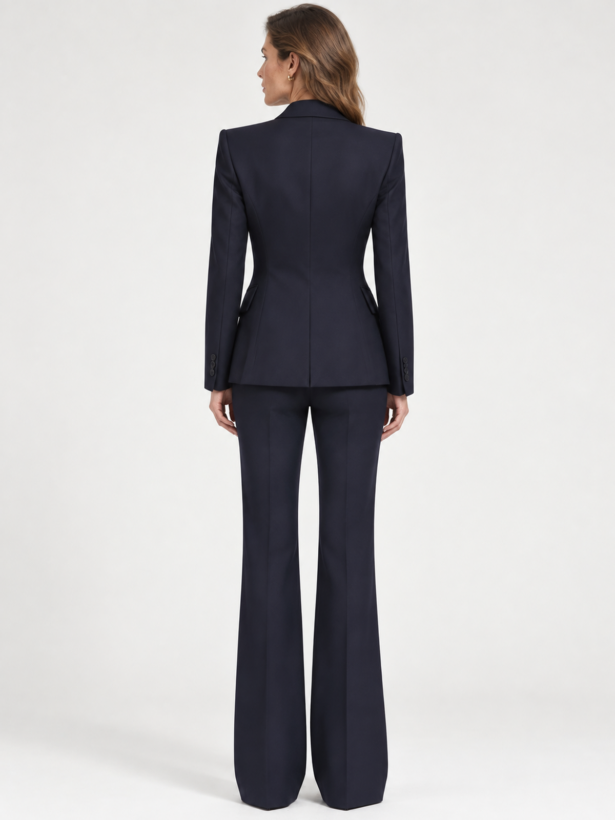 Navy Asymmetric Peak Lapel Blazer And High Waist Flared Pants 2-Piece Suit