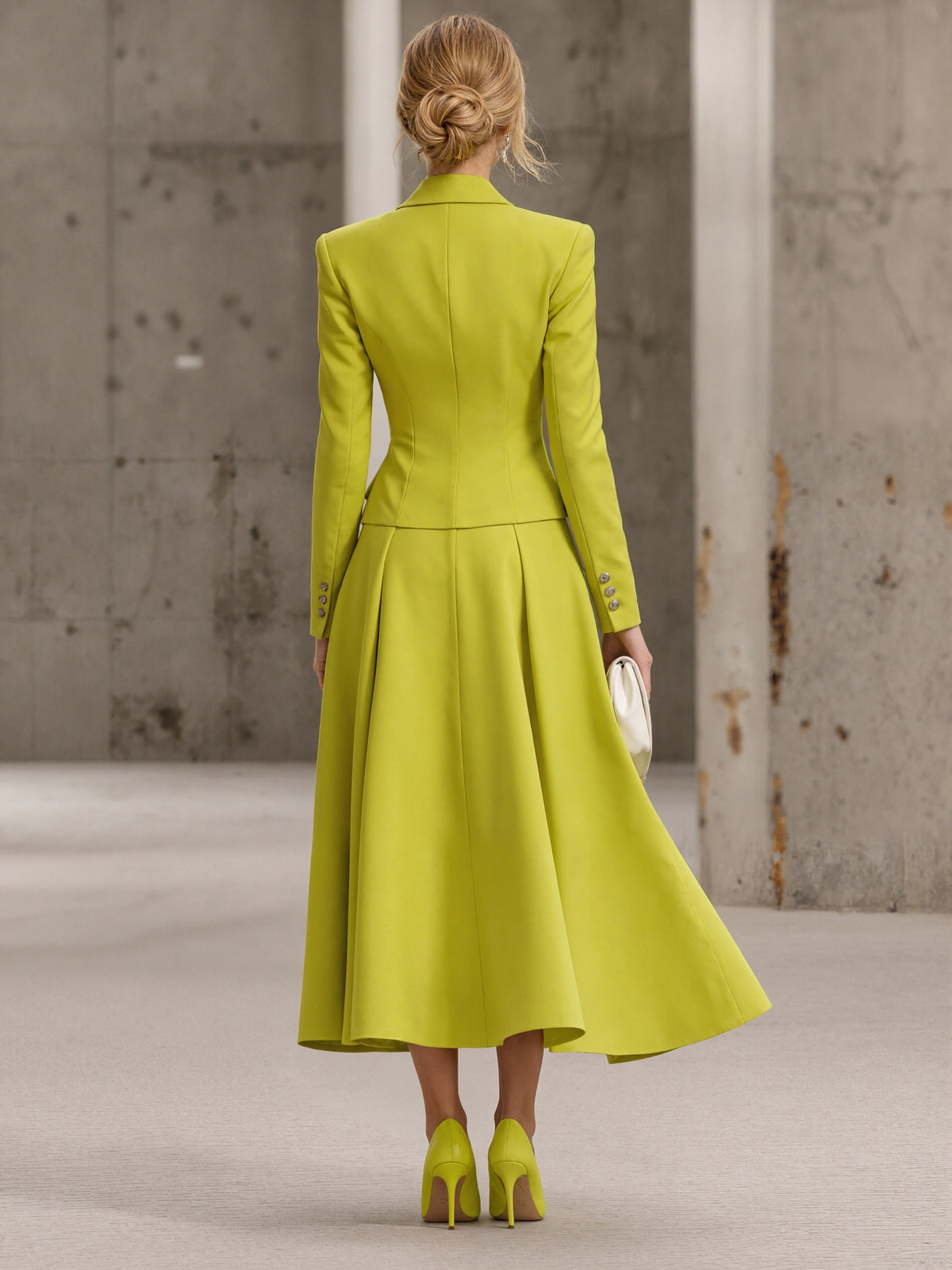 Yellow Green Blazer With Peak Lapels Paired With A Full Skirt 2-Piece Suit