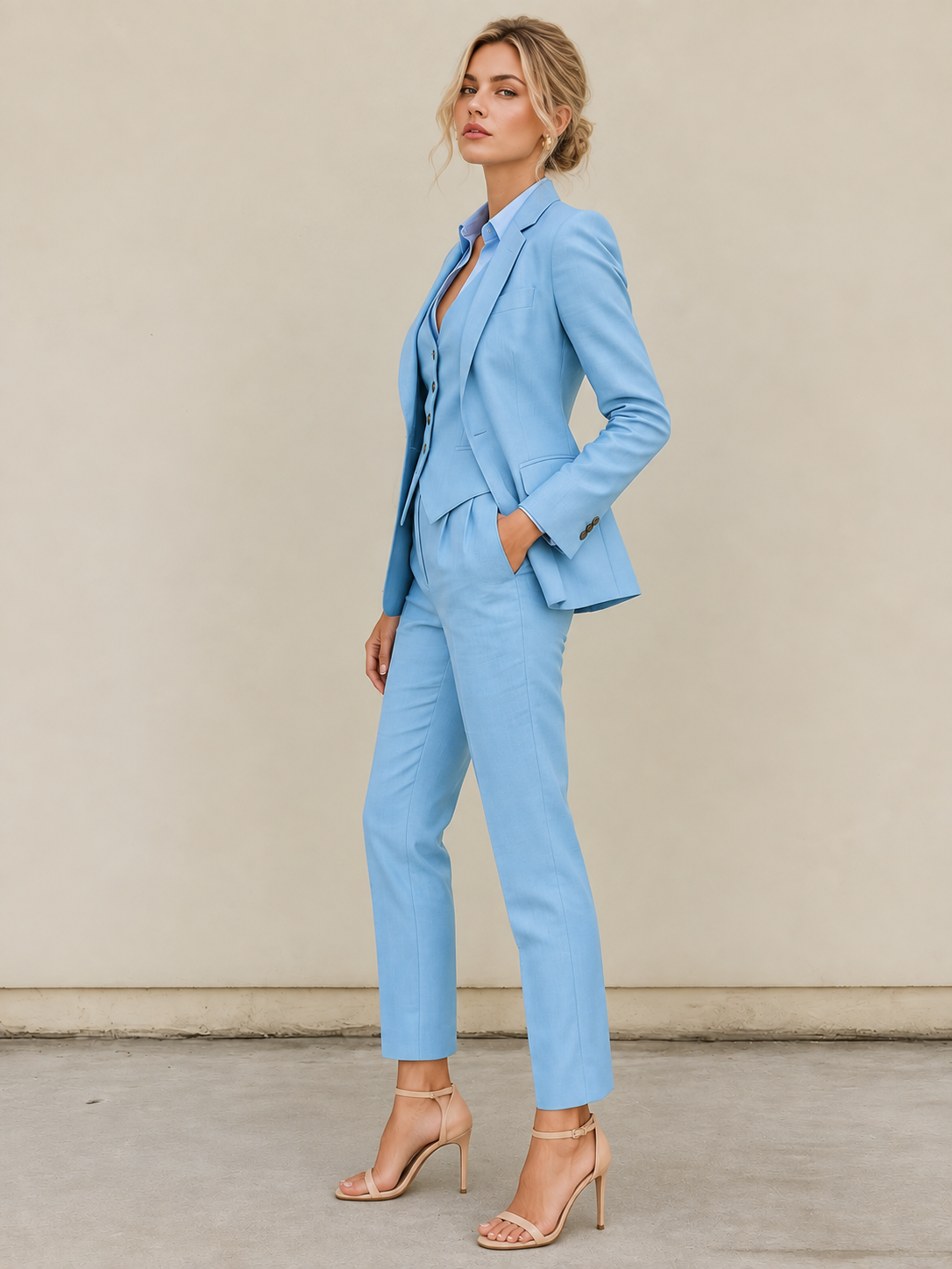 Light Blue Notch Lapel Blazer Paired With Tapered Cropped Pants 3-Piece Suit