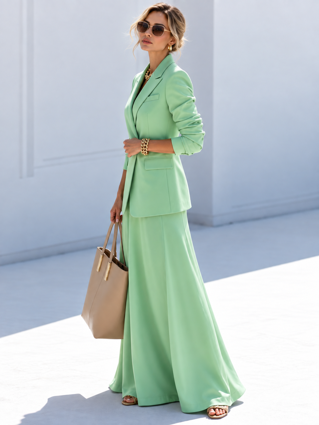 Light Green Blazer With Peak Lapels And A Long Skirt 2-Piece Suit