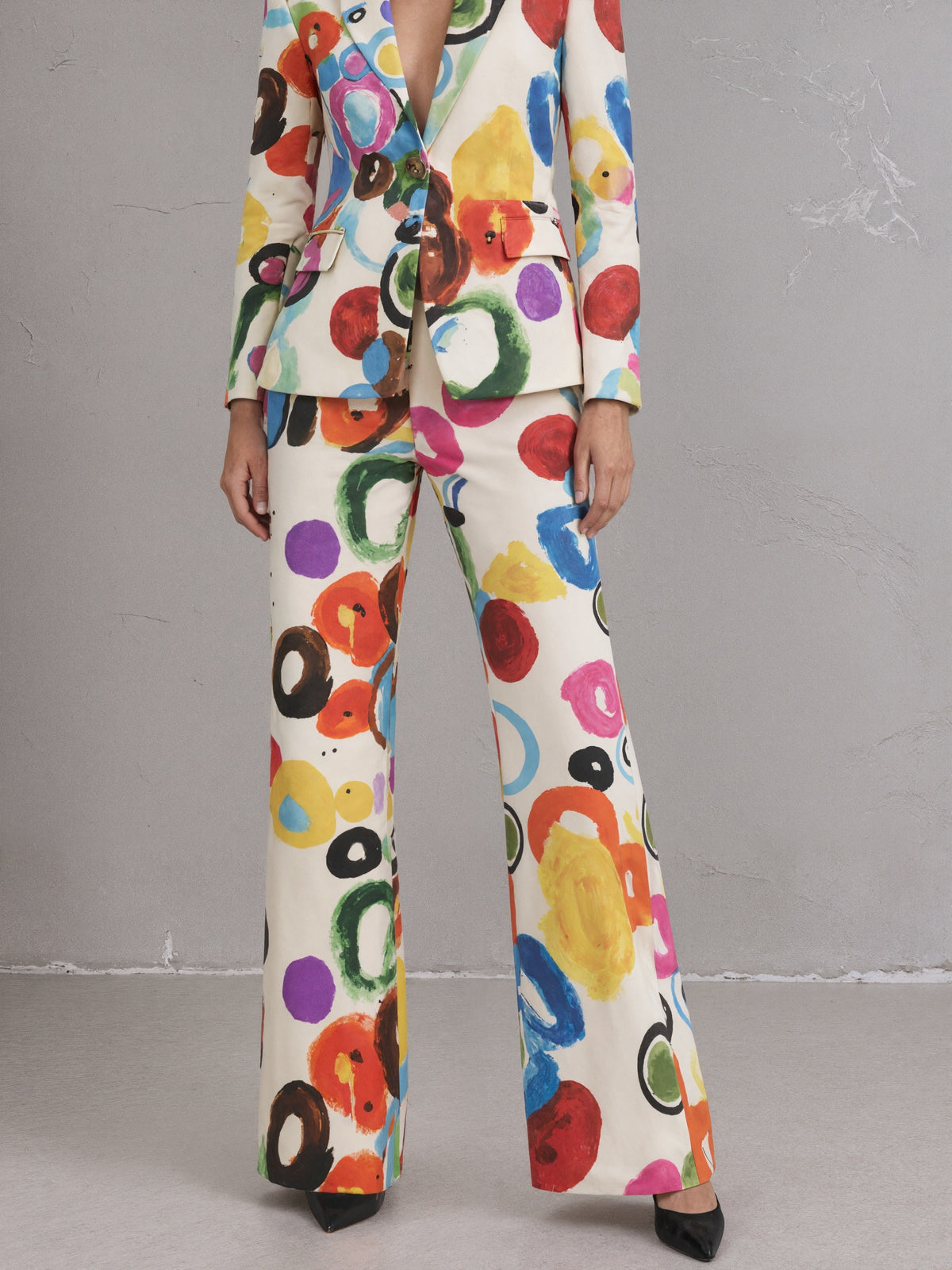 Colorful Printed Blazer With Peak Lapels And Flared Pants 2-Piece Suit