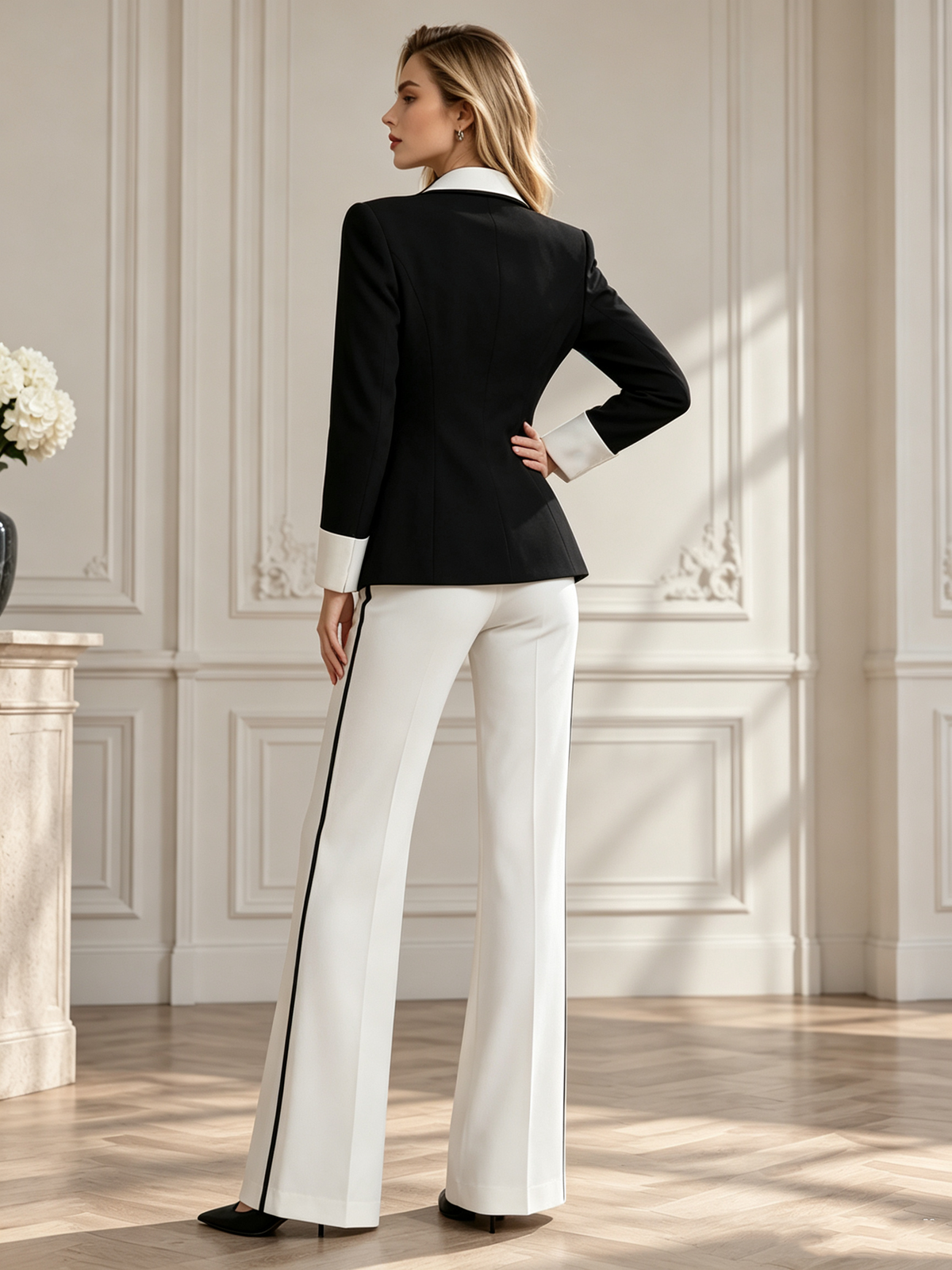 Black White Contrast Peak Lapel Blazer & Off White High Waist Flare Trousers 2-Piece Suit