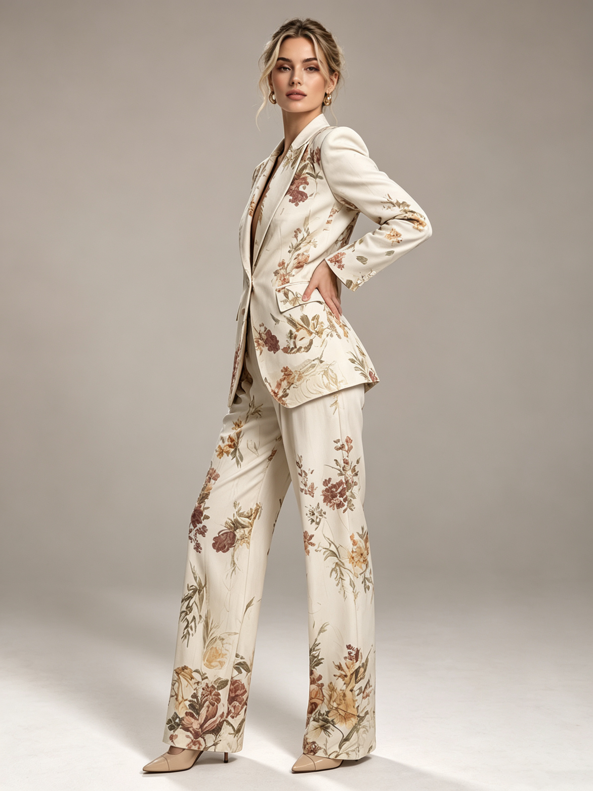 White Vintage Floral Print Notch Lapel Blazer & Wide Leg Trousers 2-Piece Suit
