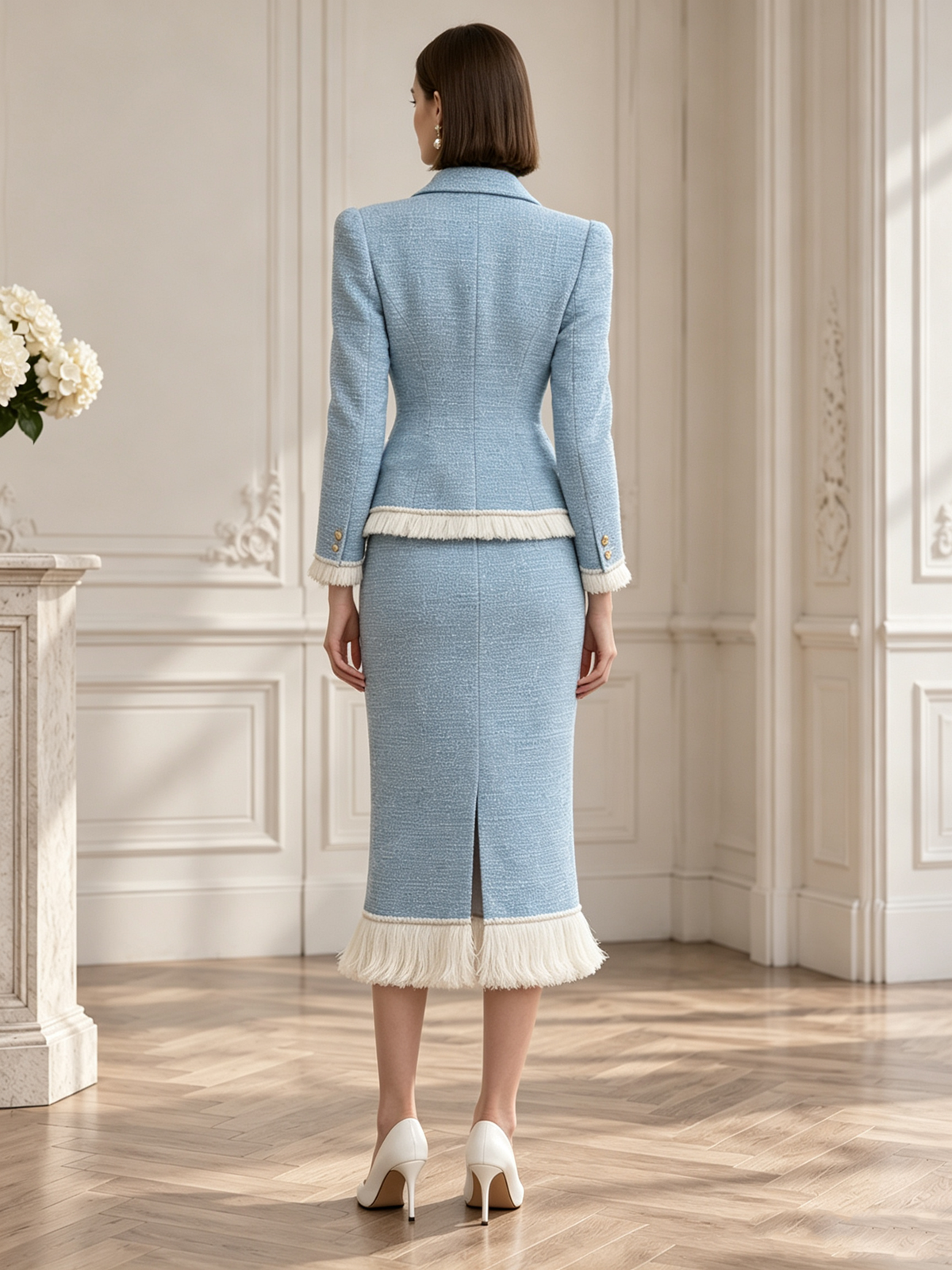 Light Blue Tweed Double Breasted Fringe Trim Blazer & Midi Pencil Skirt 2-Piece Suit