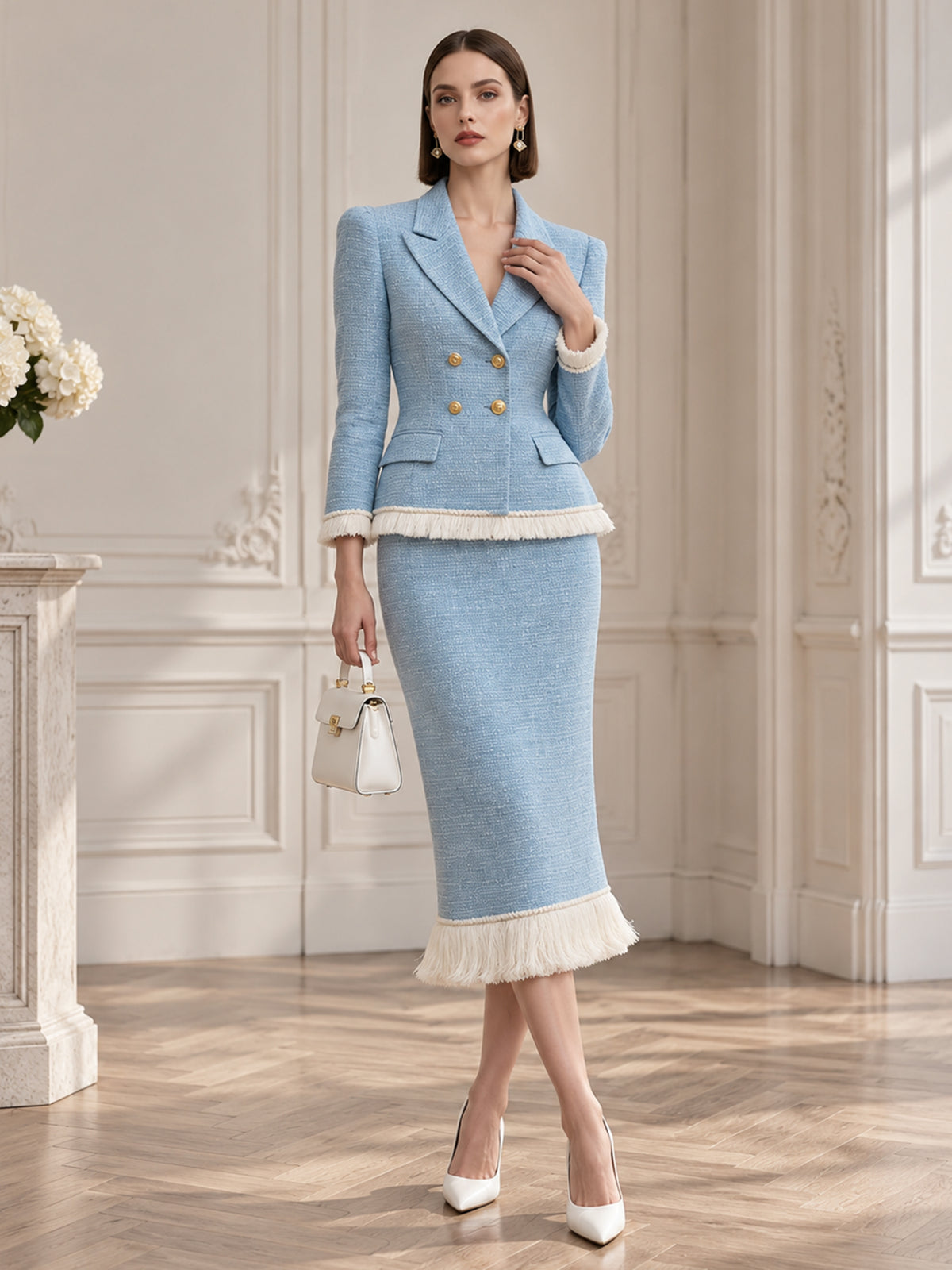 Light Blue Tweed Double Breasted Fringe Trim Blazer & Midi Pencil Skirt 2-Piece Suit
