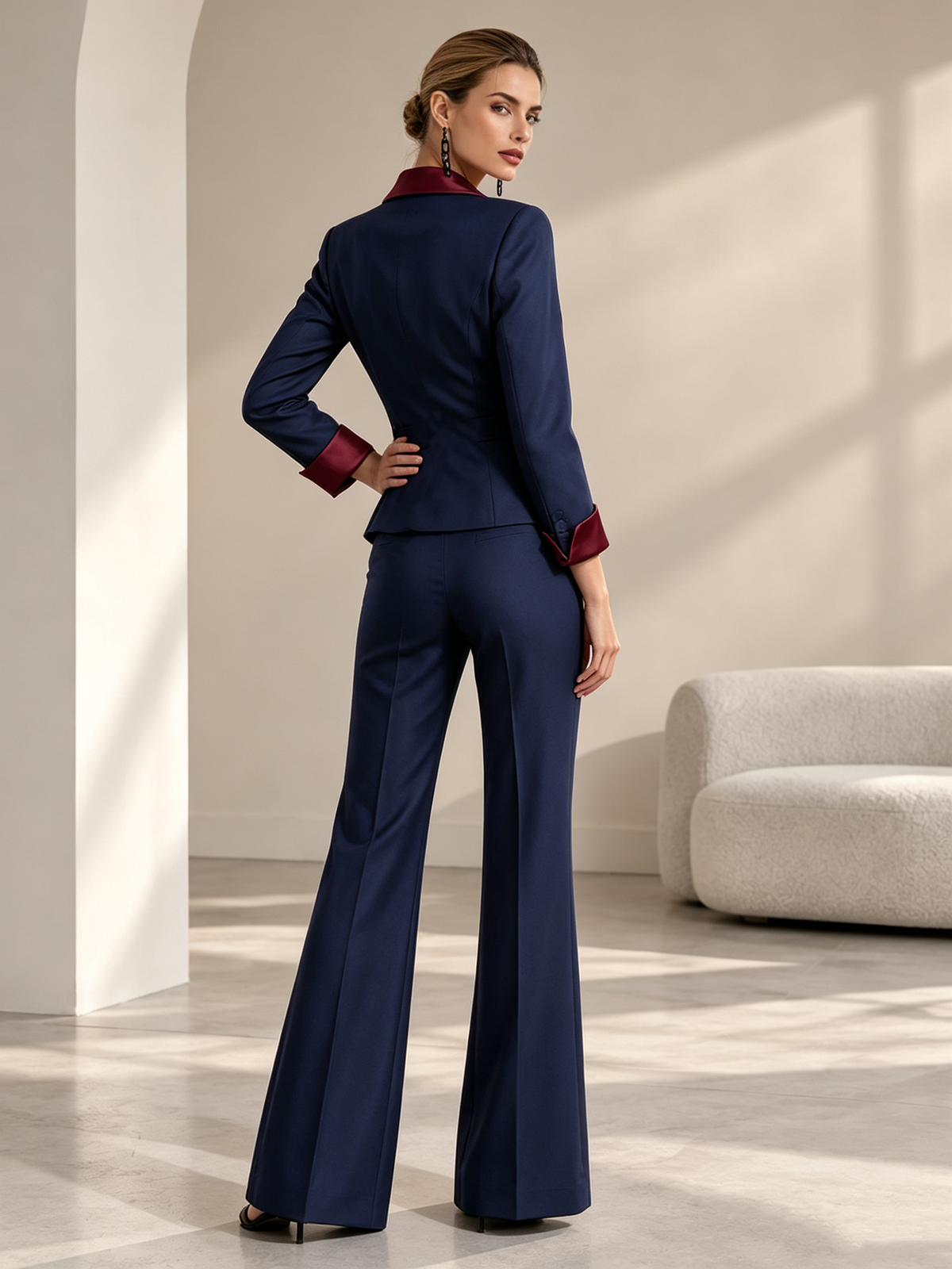Navy Peak Lapel Blazer & Wide Leg Trousers 2-Piece Suit