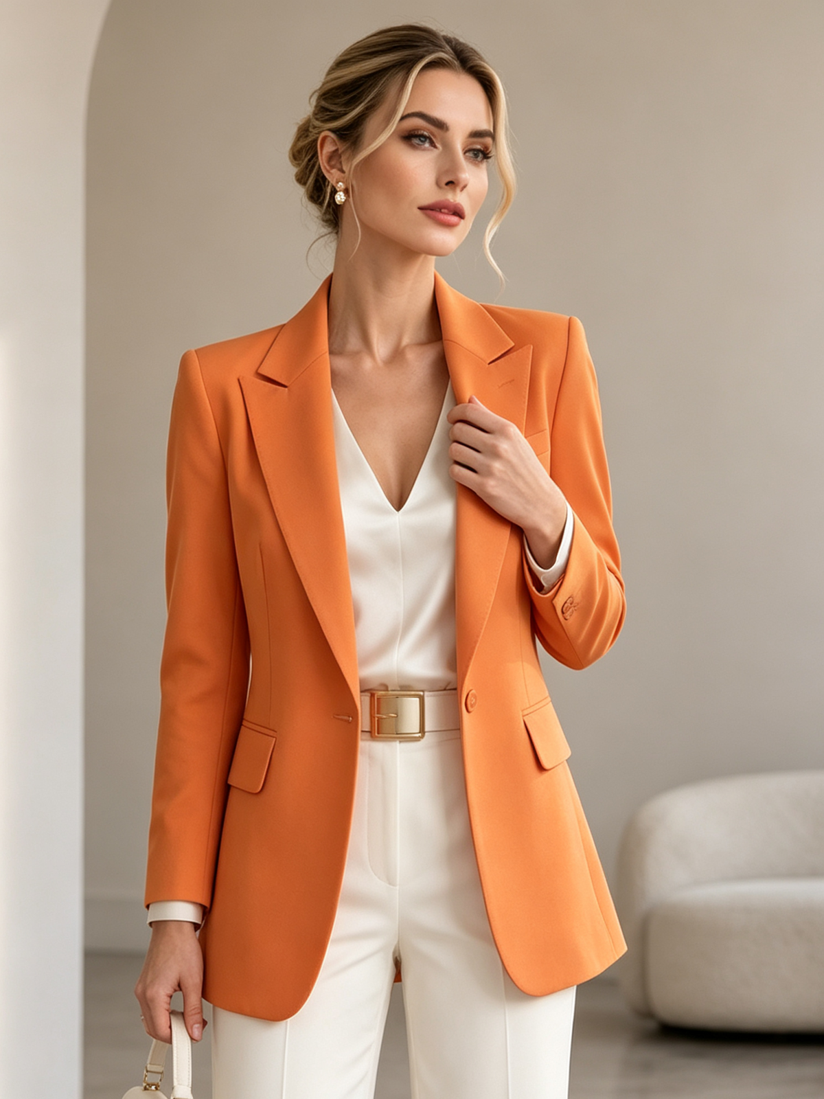 Orange Notch Lapel Open Blazer & Off White Wide Leg Trousers 2-Piece Suit
