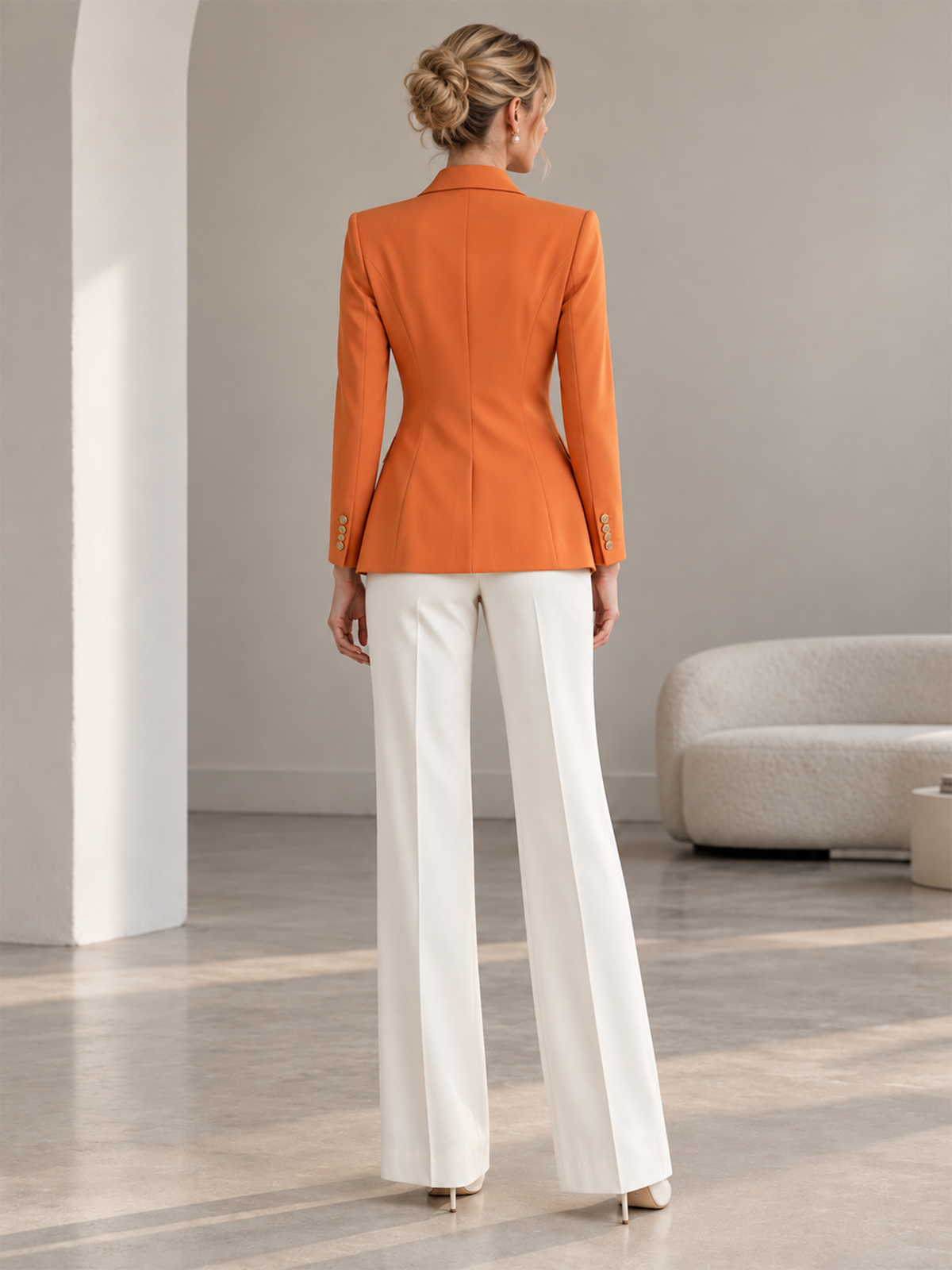 Orange Notch Lapel Open Blazer & Off White Wide Leg Trousers 2-Piece Suit