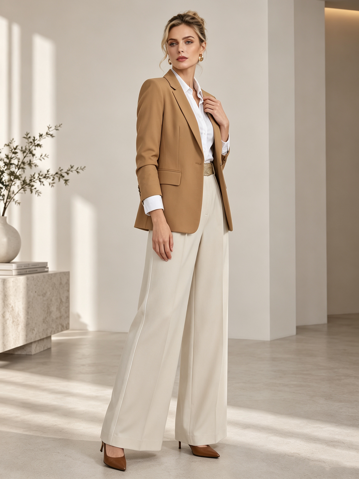 Camel Notch Lapel Open Blazer & Off White Wide Leg Trousers 2-Piece Suit