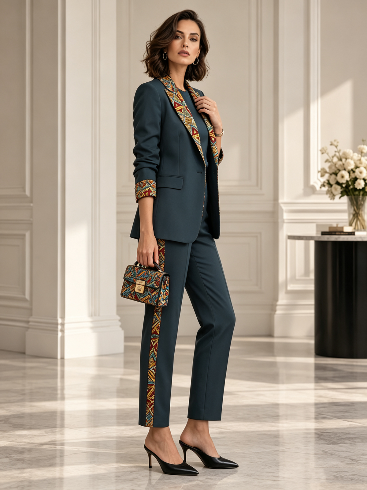 Teal Blazer With Geometric Ethnic Print Trim & Matching Tailored Trousers 2-Piece Suit