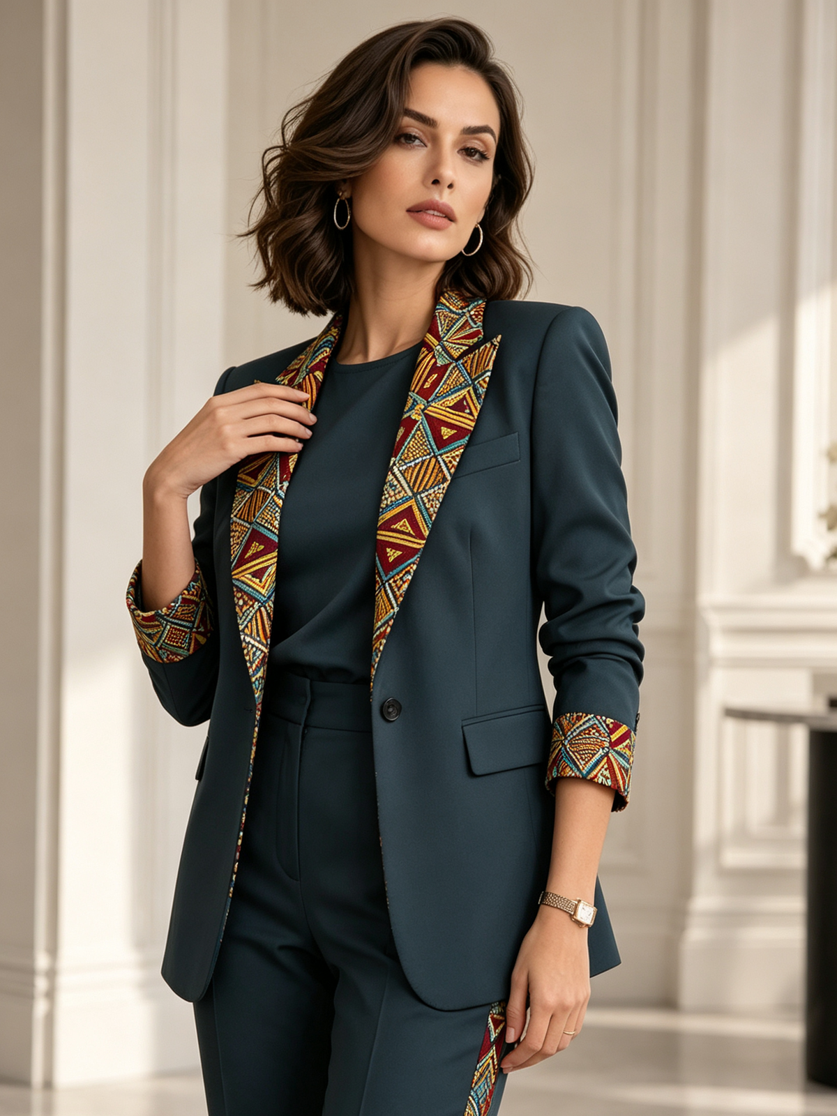 Teal Blazer With Geometric Ethnic Print Trim & Matching Tailored Trousers 2-Piece Suit